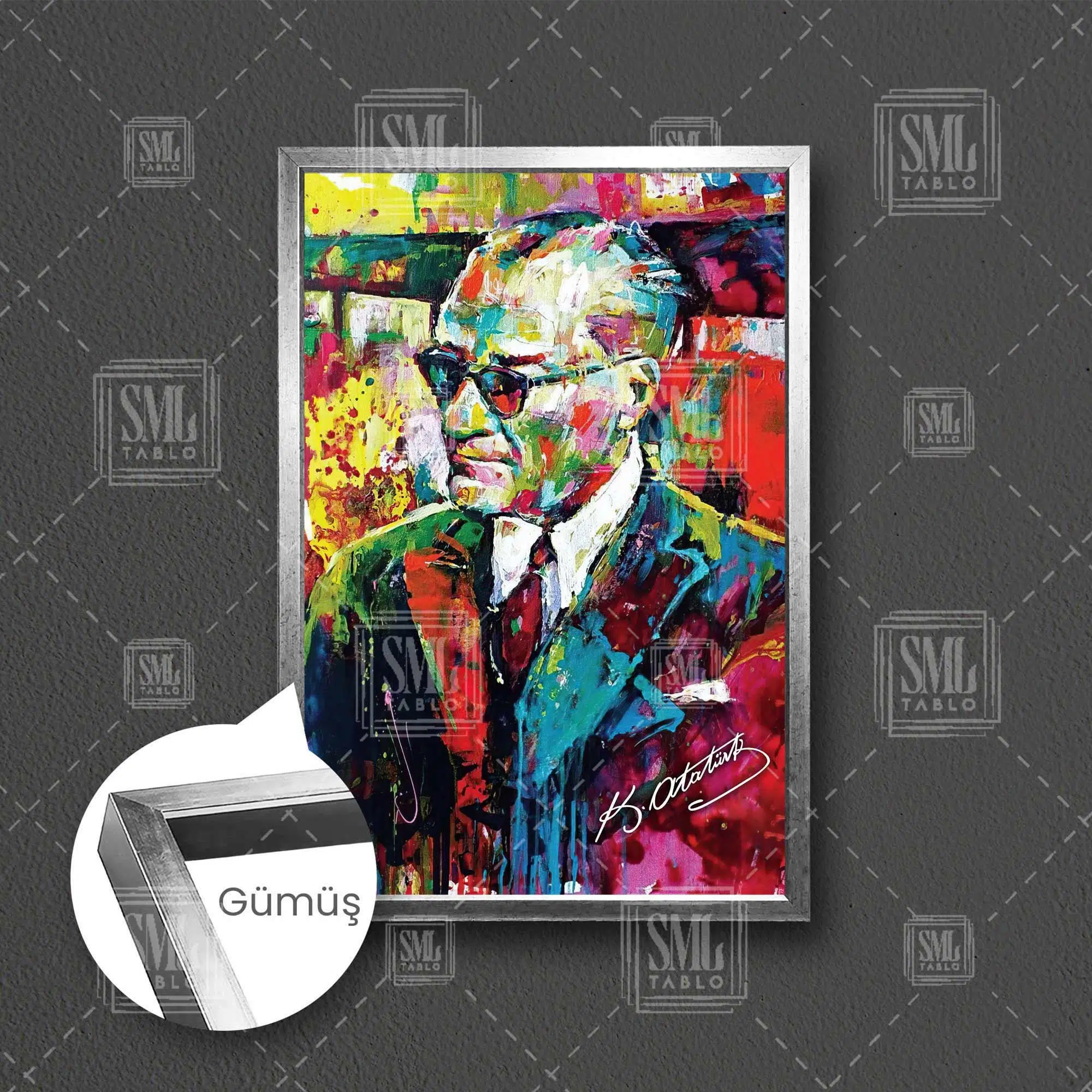 Yağlı Boya Efektli Mustafa Kemal Atatürk Portresi Karizma Gözlük Soyut Çerçeveli Dikey Kanvas Tablo - Gümüş