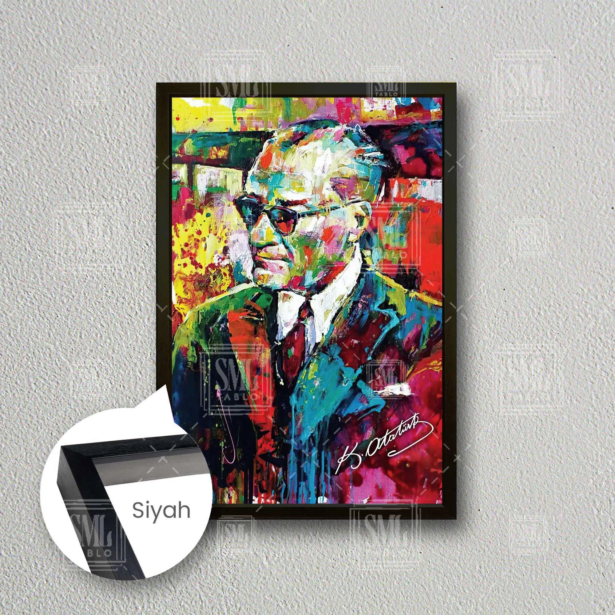 Yağlı Boya Efektli Mustafa Kemal Atatürk Portresi Karizma Gözlük Soyut Çerçeveli Dikey Kanvas Tablo - Siyah