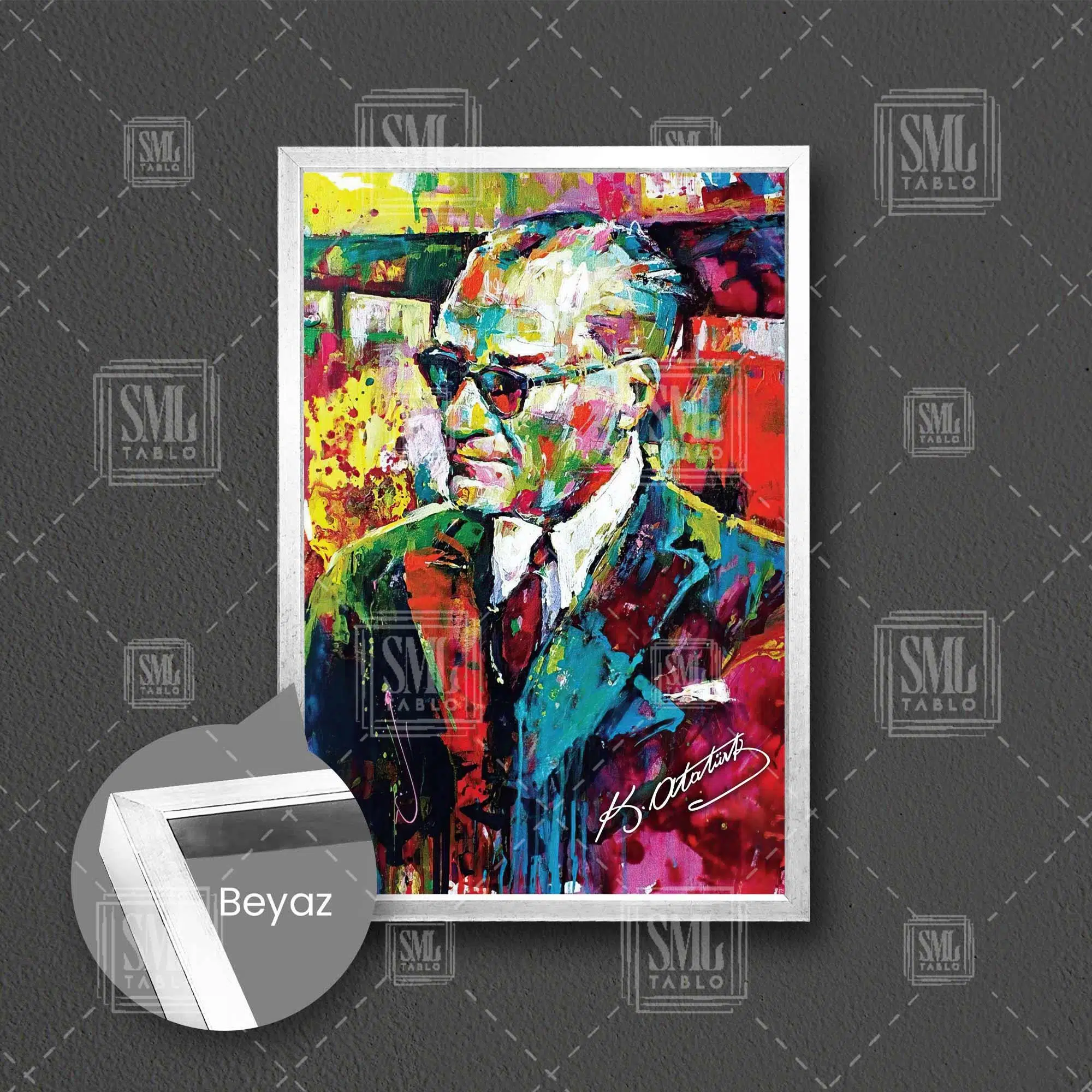 Yağlı Boya Efektli Mustafa Kemal Atatürk Portresi Karizma Gözlük Soyut Çerçeveli Dikey Kanvas Tablo - Beyaz