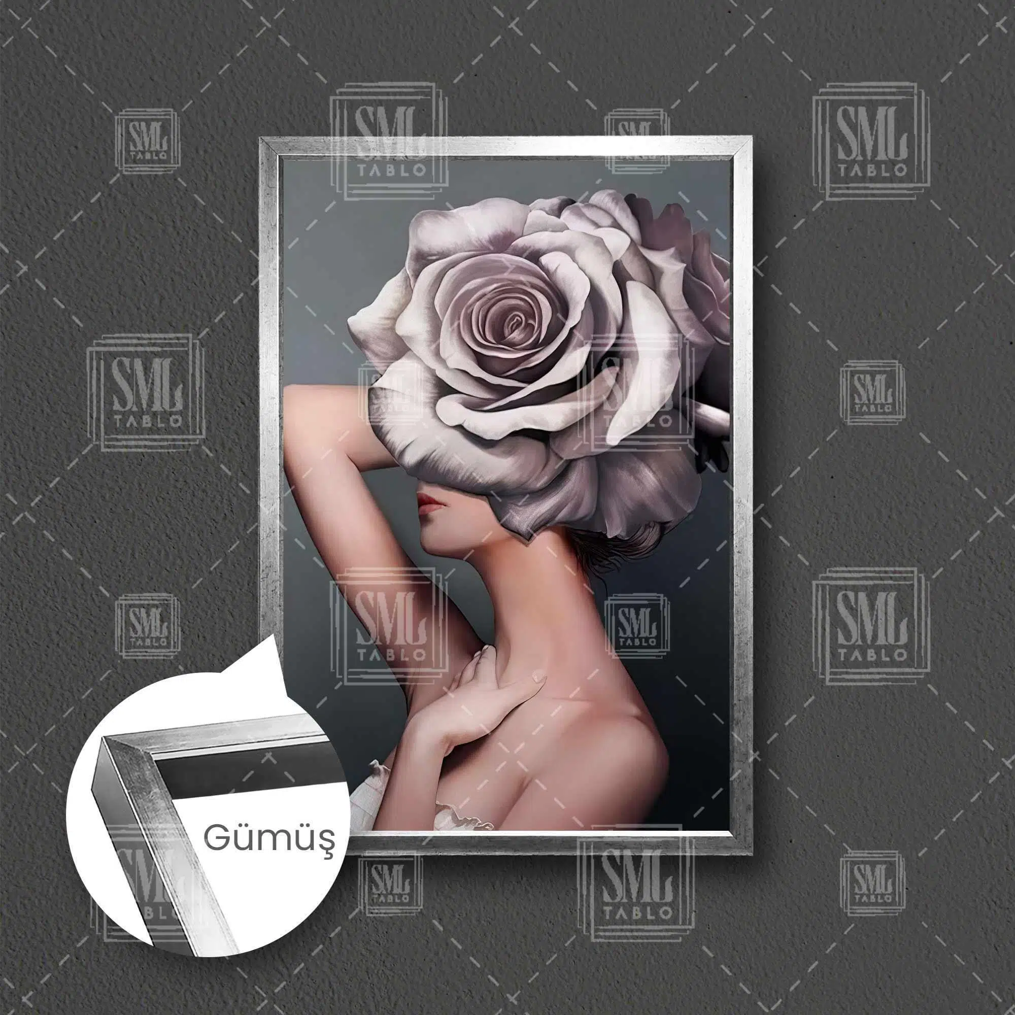 Gül Saçlı Kadın Kadın Çiçek Kafalı Kadın Rose Çerçeveli Dikey Kanvas Tablo - Gümüş