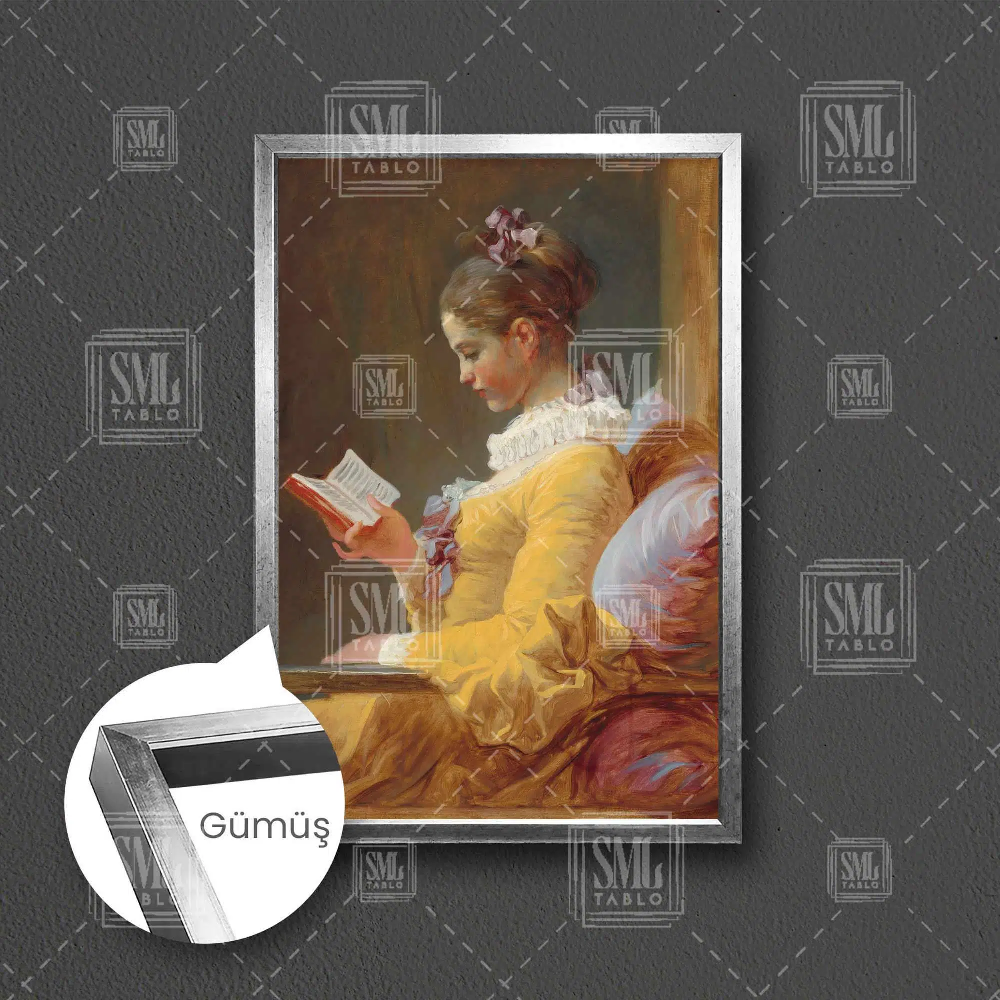 Kitap Okuyan Sarı Elbiseli Kadın Jean Honore Fragonard Çerçeveli Dikey Kanvas Tablo - Gümüş