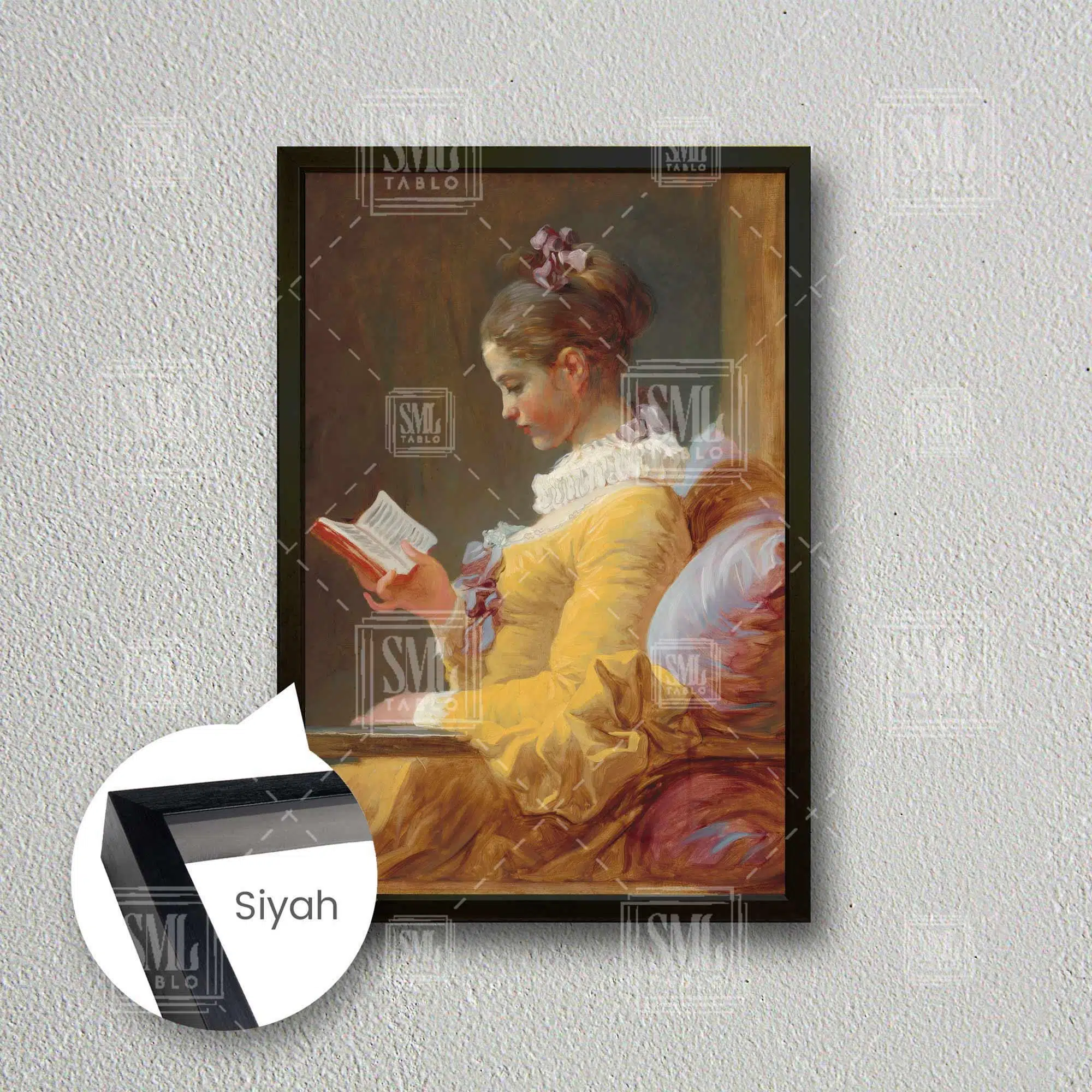 Kitap Okuyan Sarı Elbiseli Kadın Jean Honore Fragonard Çerçeveli Dikey Kanvas Tablo - Siyah