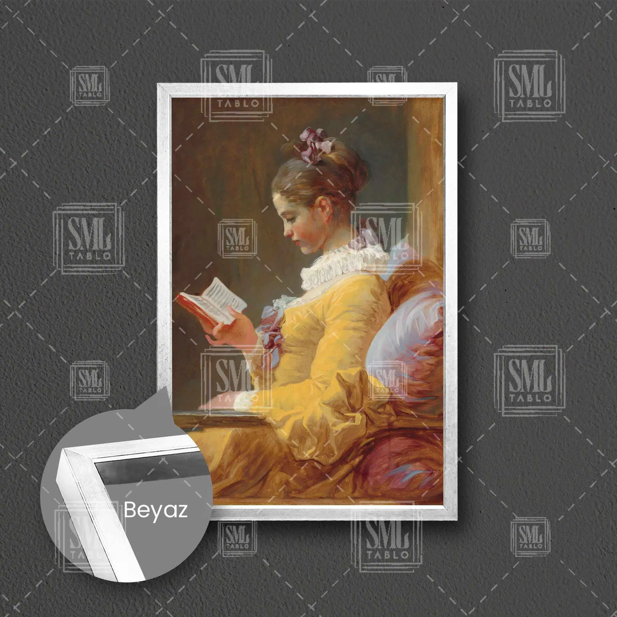 Kitap Okuyan Sarı Elbiseli Kadın Jean Honore Fragonard Çerçeveli Dikey Kanvas Tablo - Beyaz
