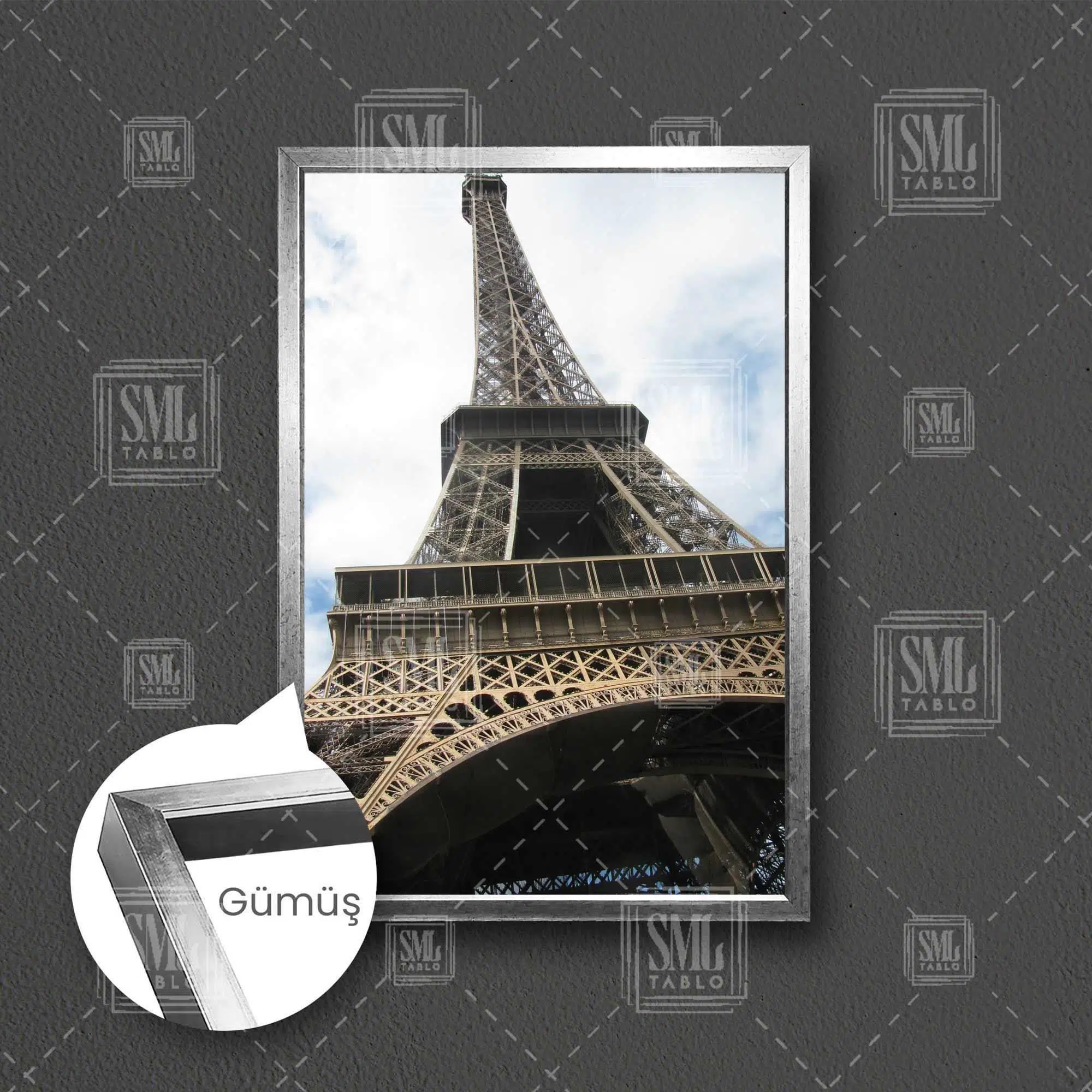 Paris Eyfel Kulesi Dekoratif Şehir City Manzara Eiffel Tower Çerçeveli Dikey Kanvas Tablo - Gümüş