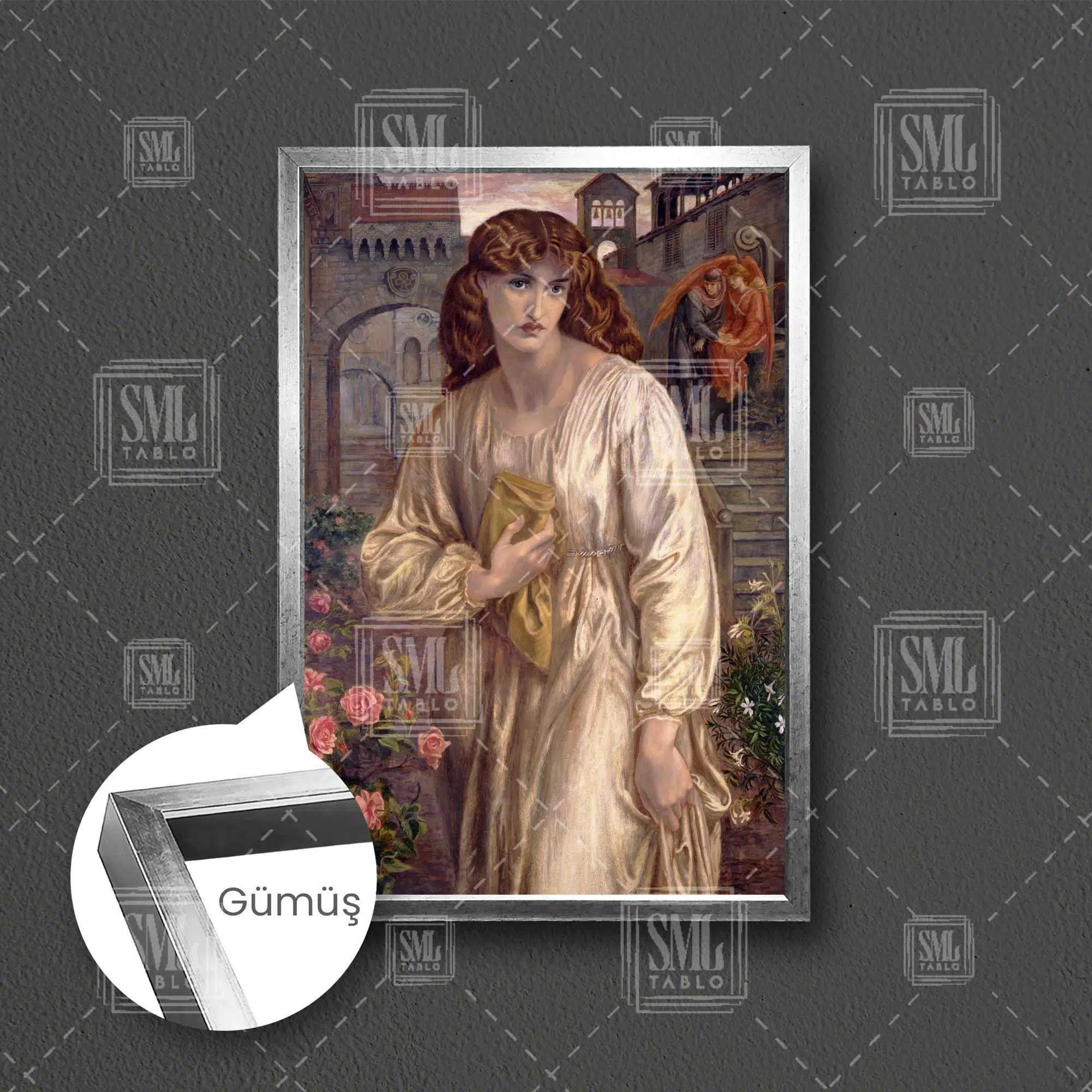 Dante Gabriel Rossetti Salutation Of Beatrice Yağlı Boya Efektli Kadın Woman Bahçe Çiçek Çerçeveli Dikey Kanvas Tablo - Gümüş