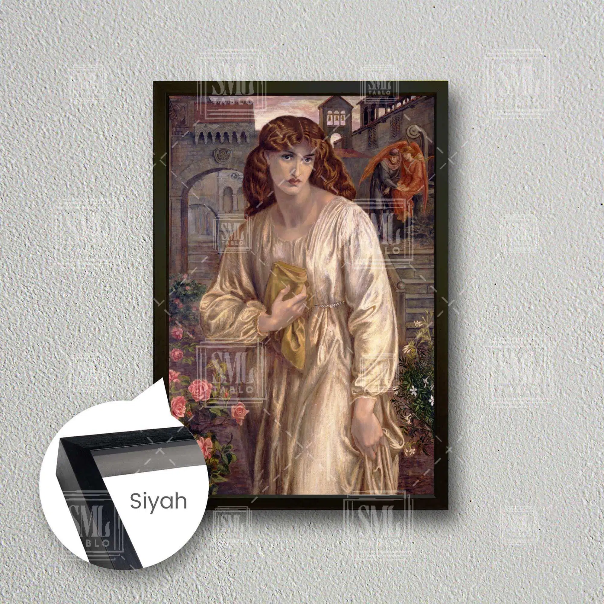 Dante Gabriel Rossetti Salutation Of Beatrice Yağlı Boya Efektli Kadın Woman Bahçe Çiçek Çerçeveli Dikey Kanvas Tablo - Siyah