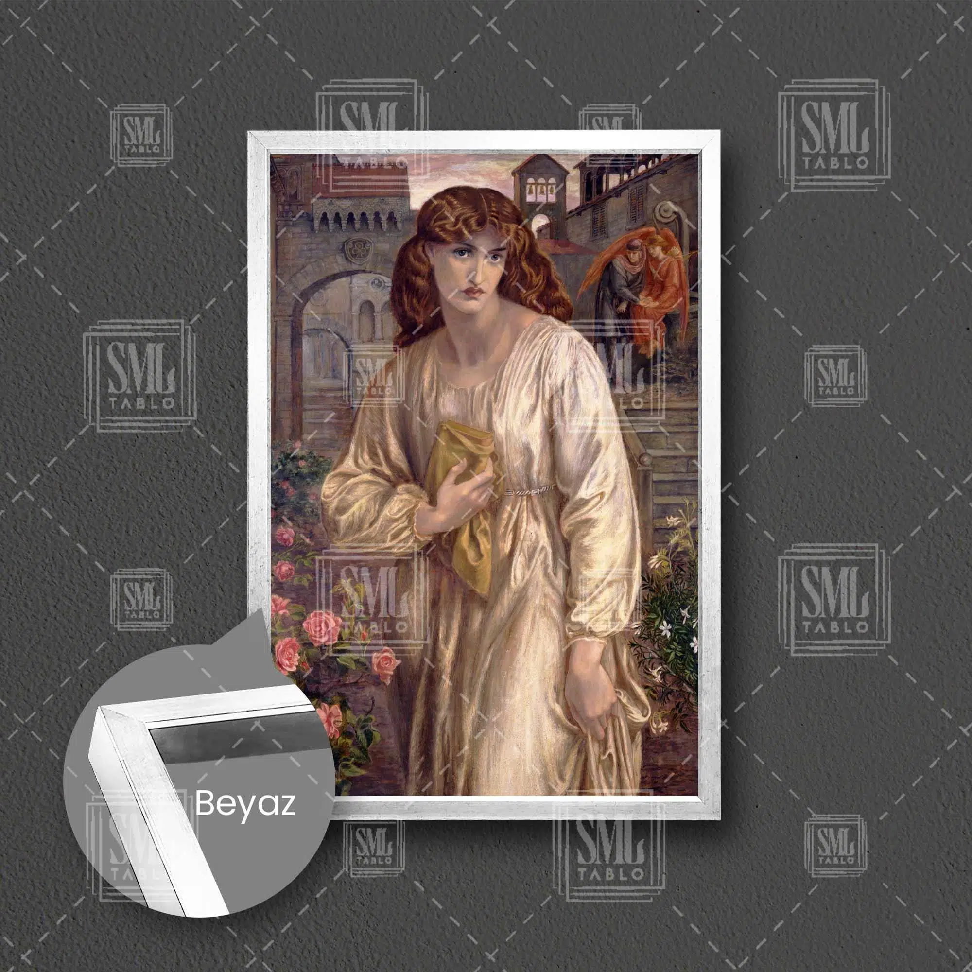 Dante Gabriel Rossetti Salutation Of Beatrice Yağlı Boya Efektli Kadın Woman Bahçe Çiçek Çerçeveli Dikey Kanvas Tablo - Beyaz