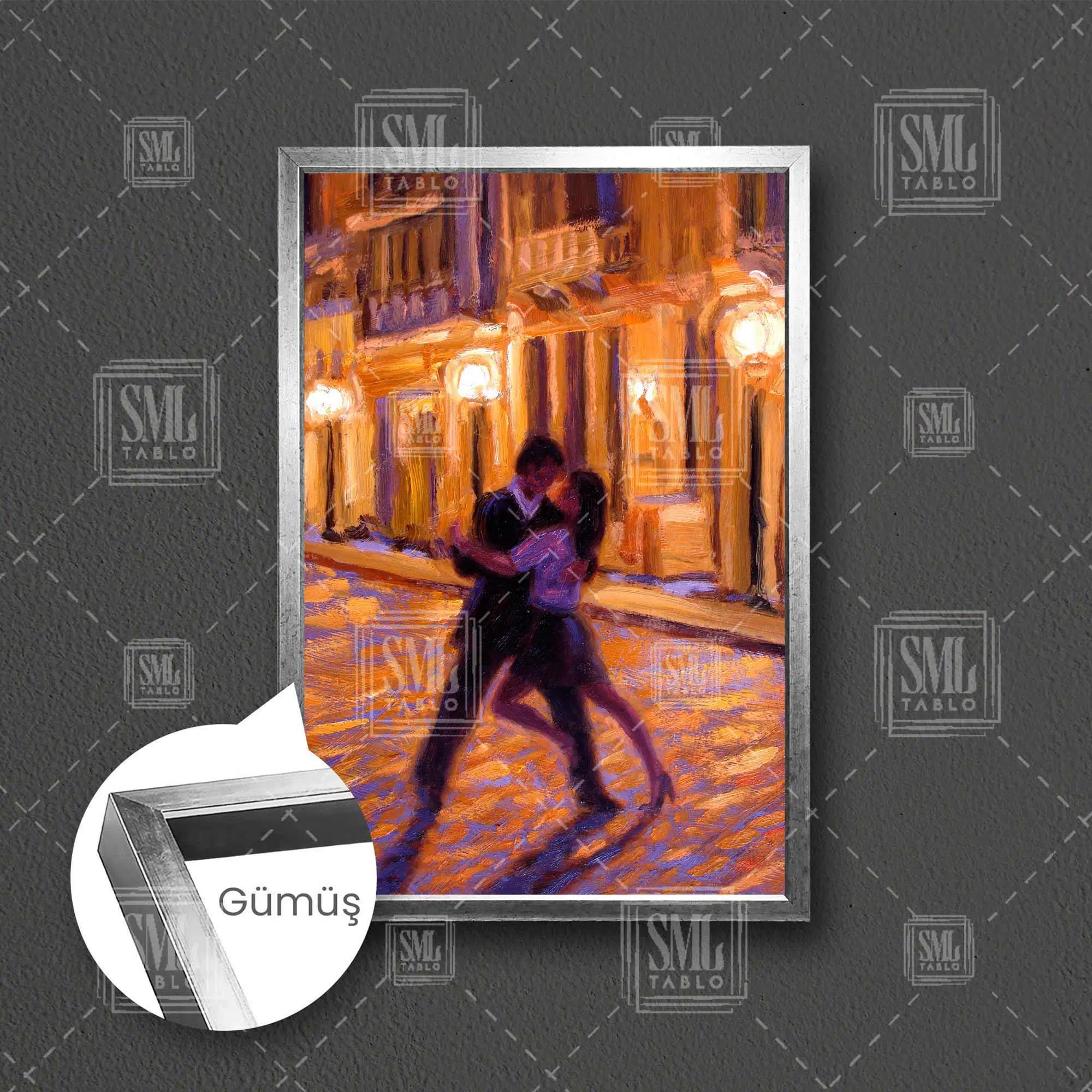 Dans Eeden Çift Romantik Sokak Sanatı Aşk Yağlı Boya Efektli Çerçeveli Dikey Kanvas Tablo - Gümüş