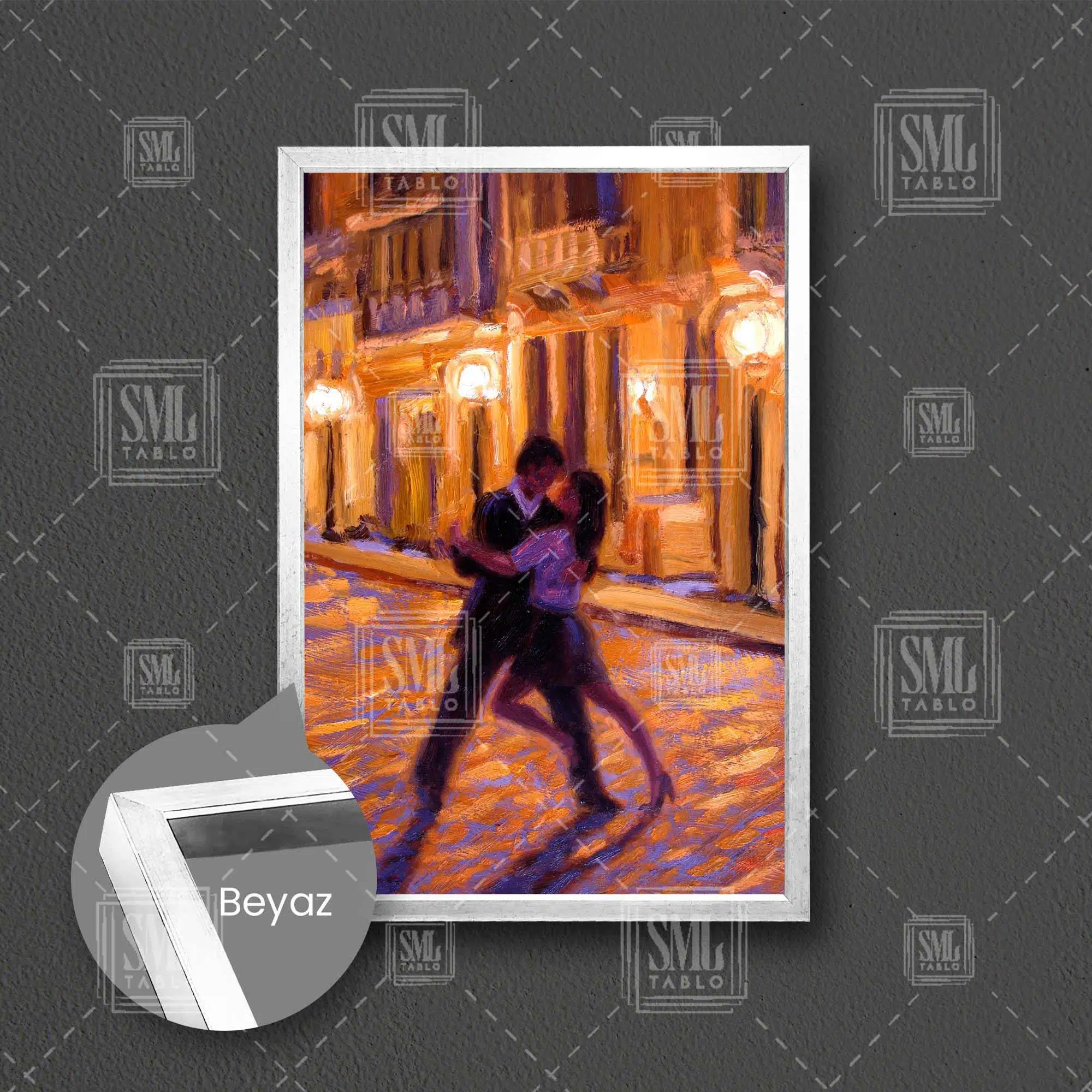 Dans Eeden Çift Romantik Sokak Sanatı Aşk Yağlı Boya Efektli Çerçeveli Dikey Kanvas Tablo - Beyaz