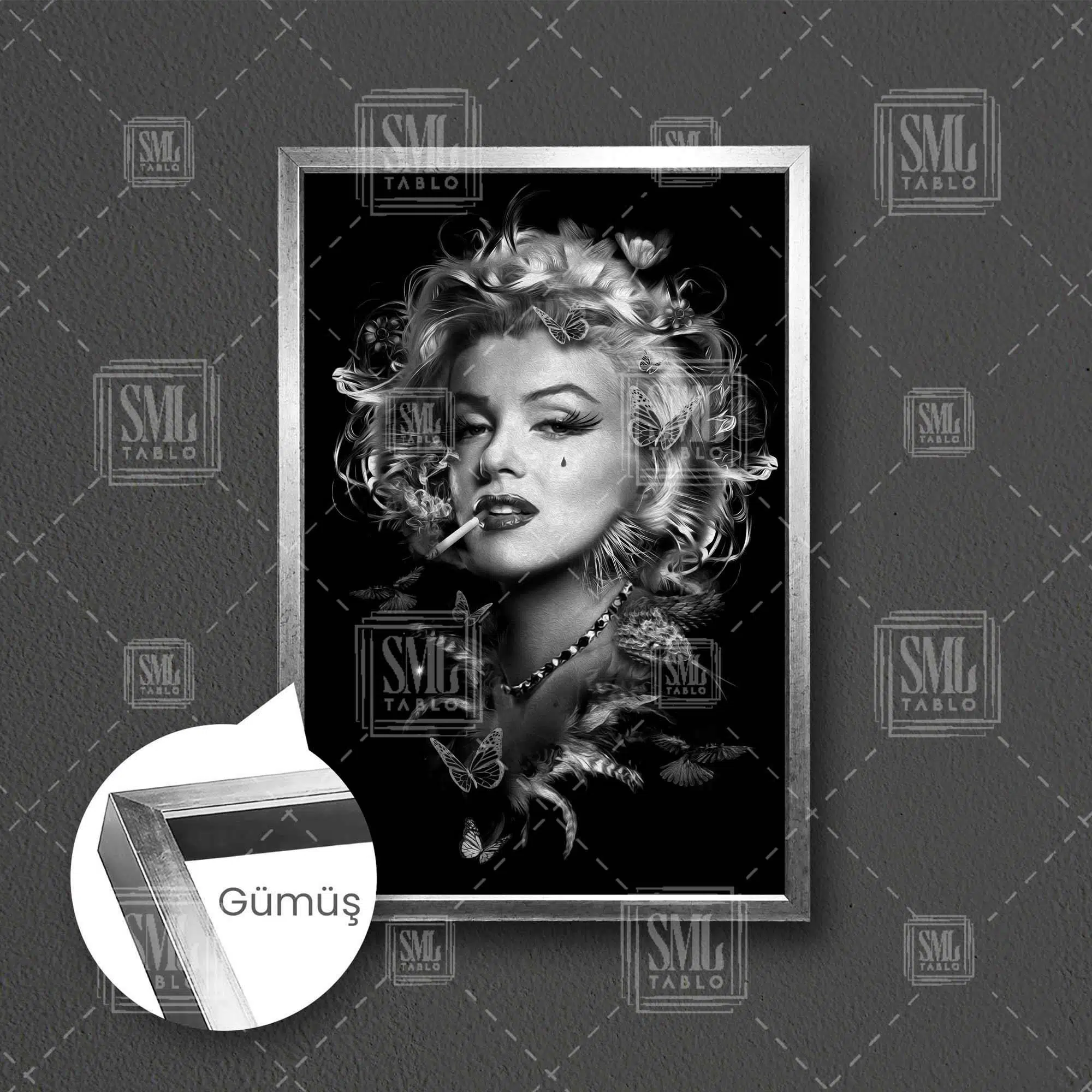Marilyn Monroe Kelebek Hollywood Yıldızı Sarışın Çerçeveli Dikey Kanvas Tablo - Gümüş