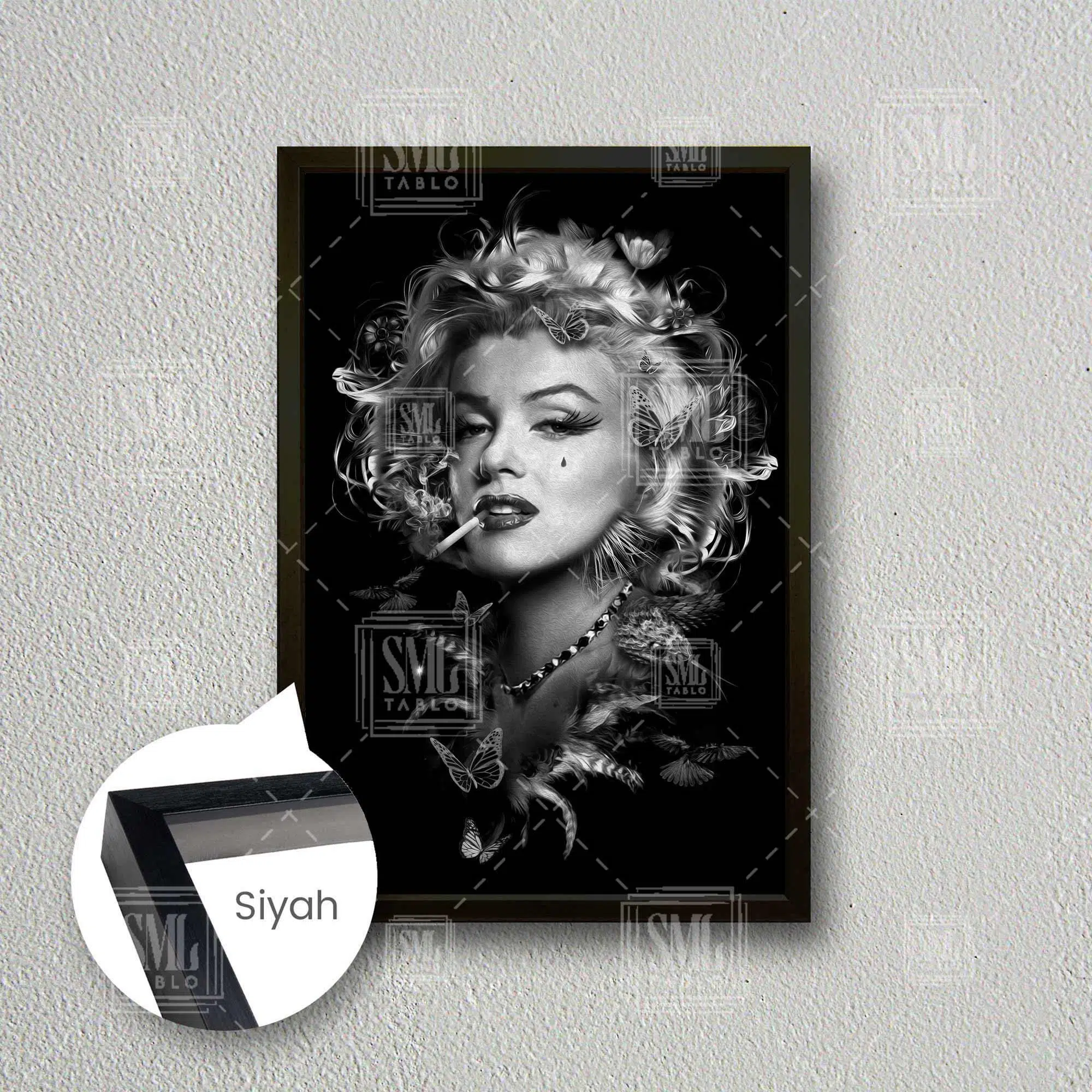 Marilyn Monroe Kelebek Hollywood Yıldızı Sarışın Çerçeveli Dikey Kanvas Tablo - Siyah