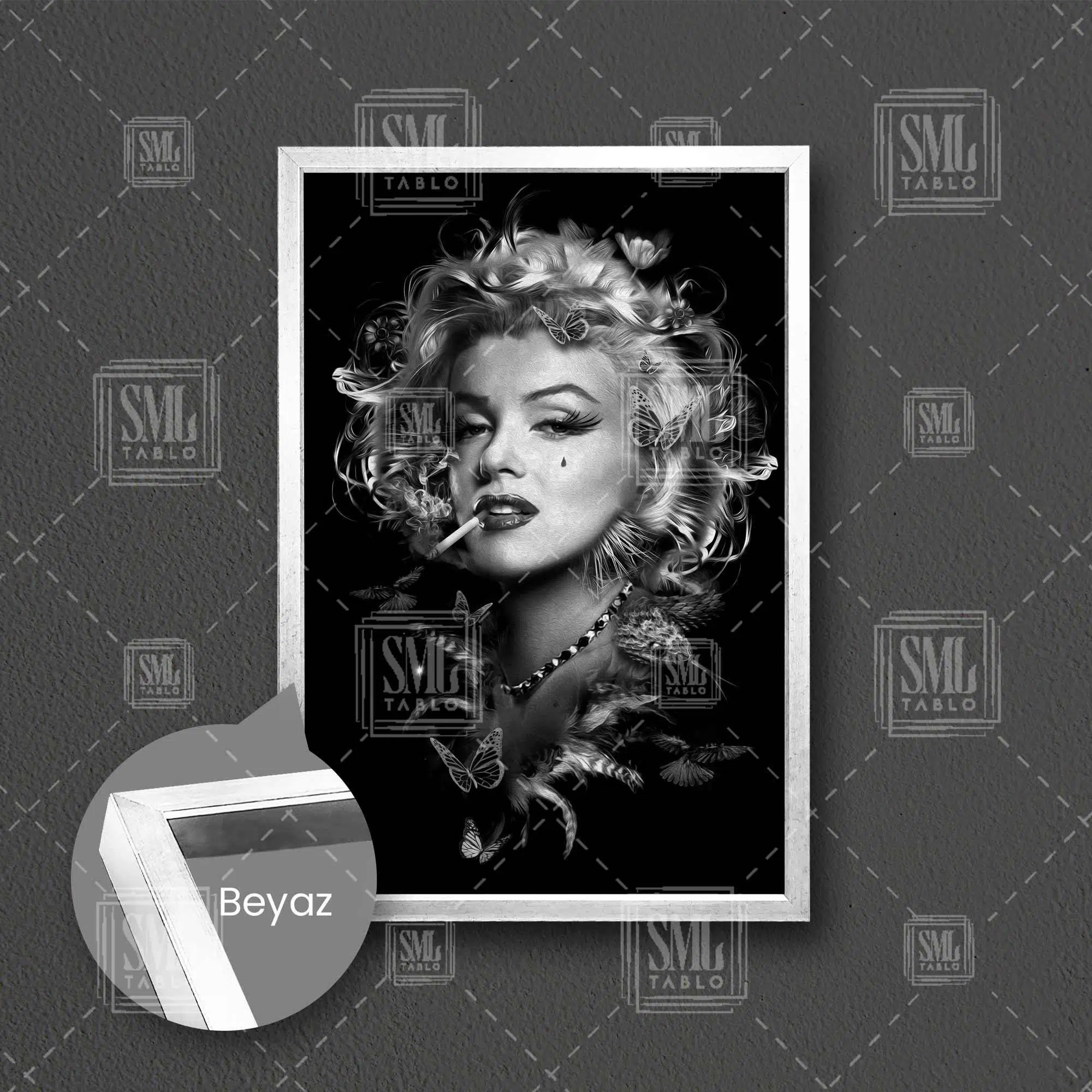 Marilyn Monroe Kelebek Hollywood Yıldızı Sarışın Çerçeveli Dikey Kanvas Tablo - Beyaz