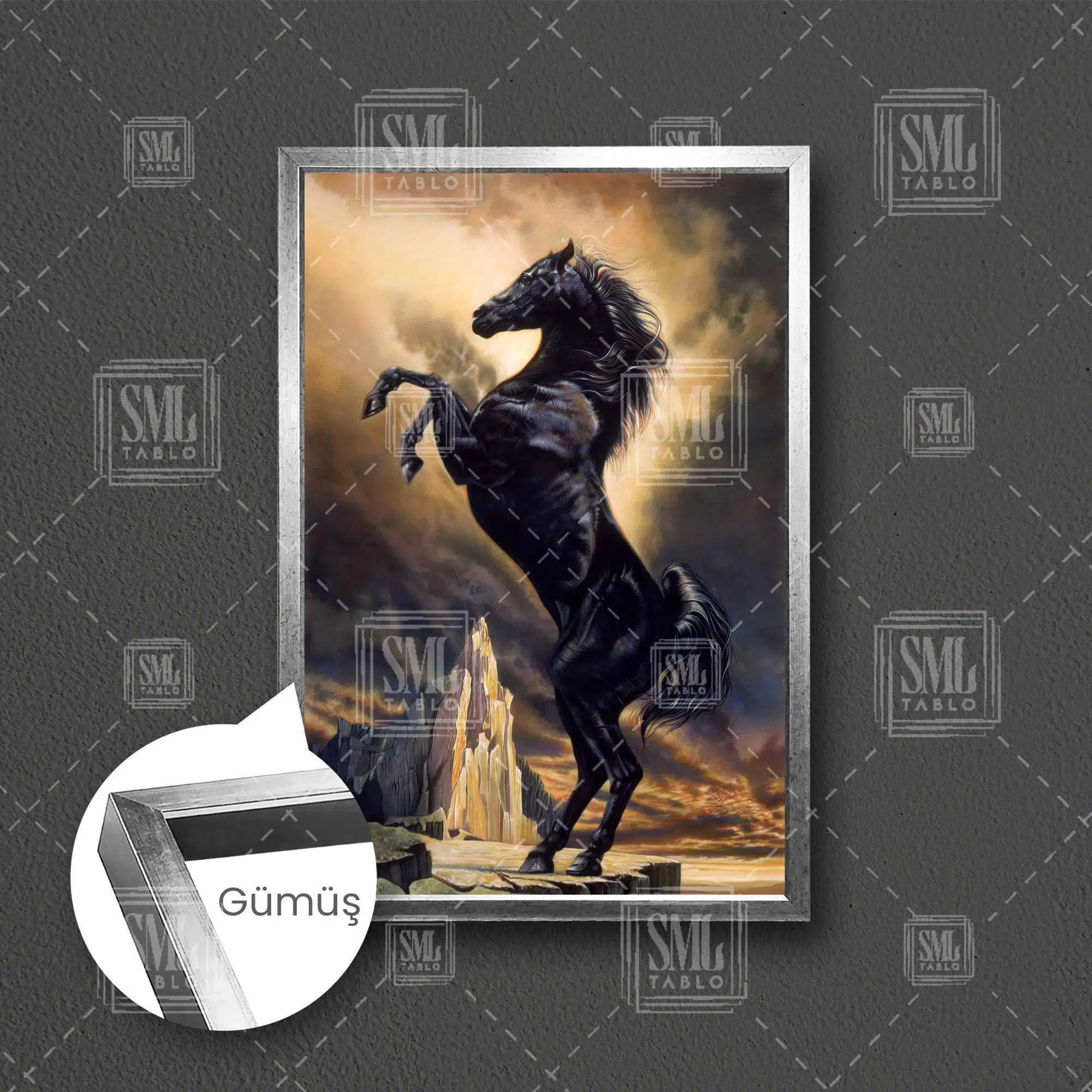 Şaha Kalkmış Siyah Asil At Doğa Manzara Çerçeveli Dikey Kanvas Tablo - Gümüş
