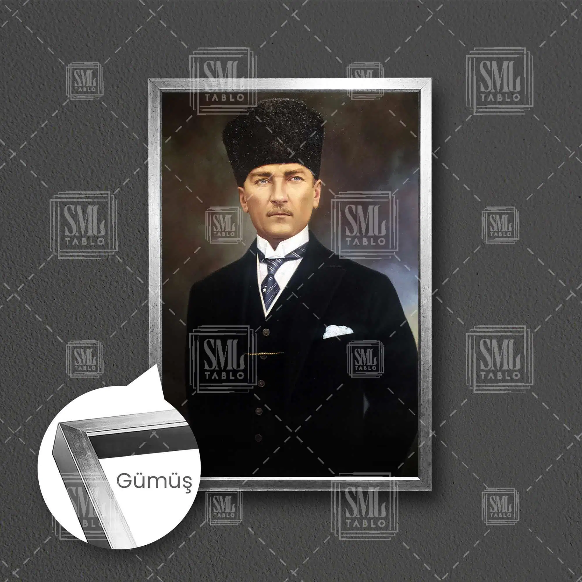 Mustafa Kemal Atatürk Portre Karizma Çerçeveli Dikey Kanvas Tablo - Gümüş