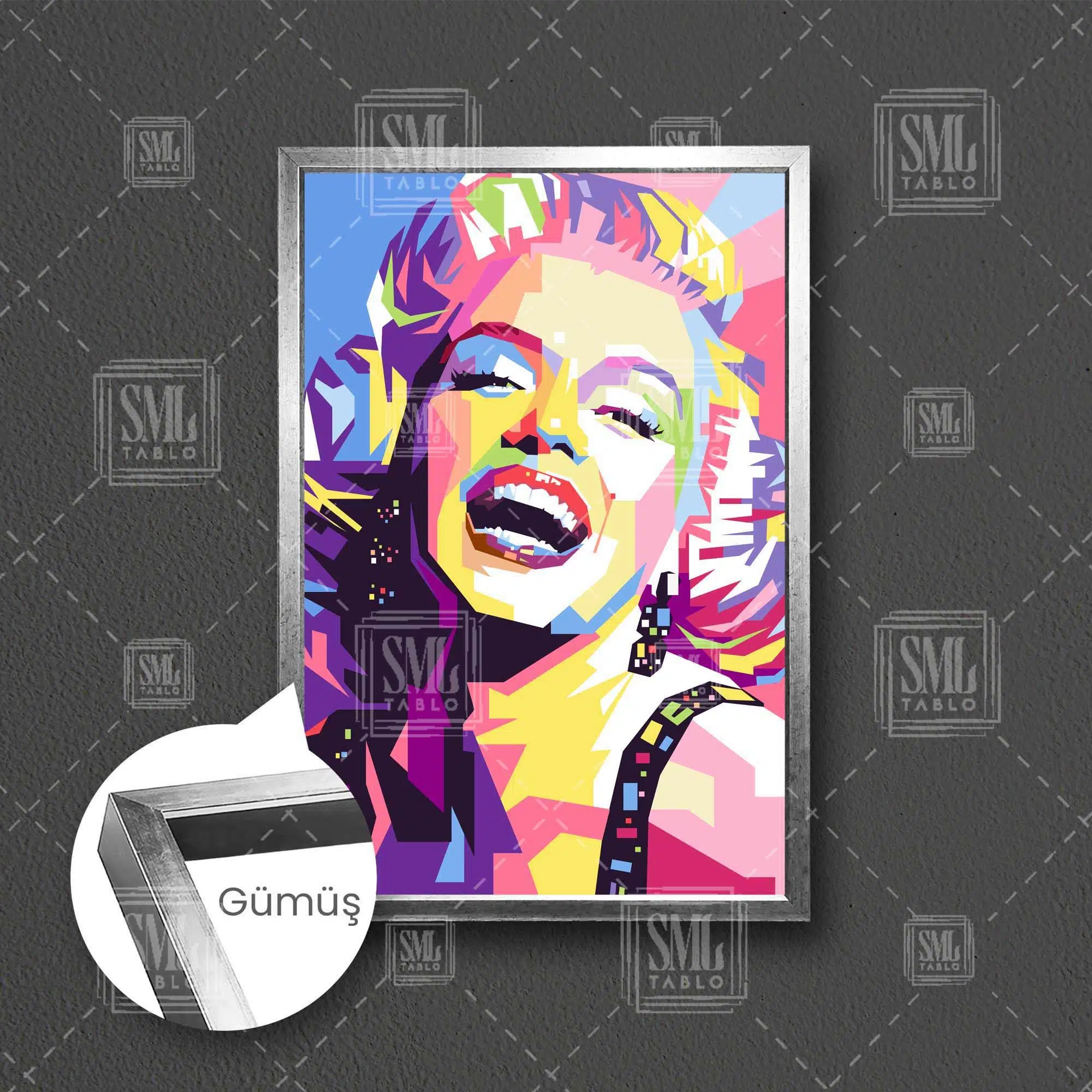 Marilyn Monroe Gülücük Soyut Çerçeveli Dikey Kanvas Tablo - Gümüş
