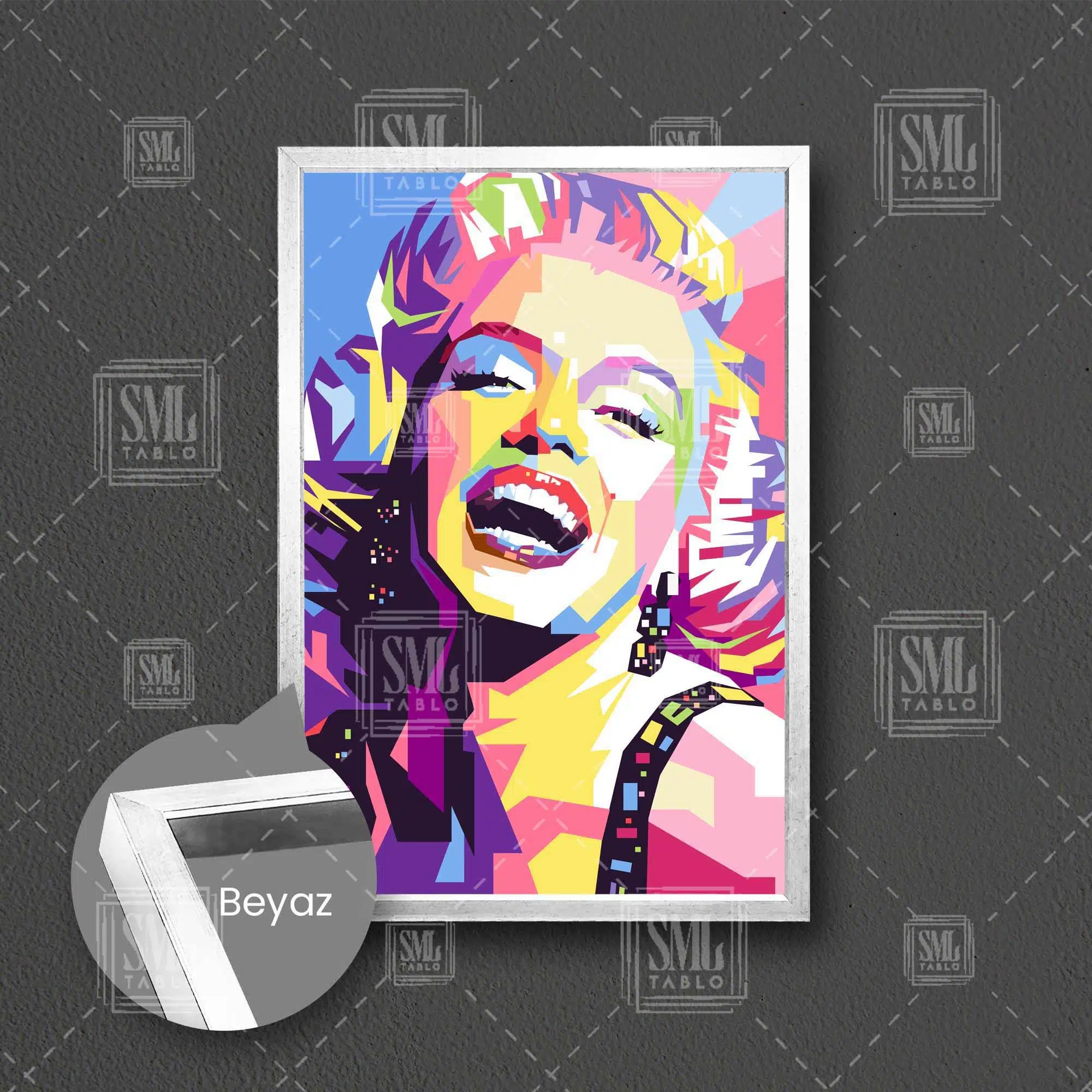 Marilyn Monroe Gülücük Soyut Çerçeveli Dikey Kanvas Tablo - Beyaz