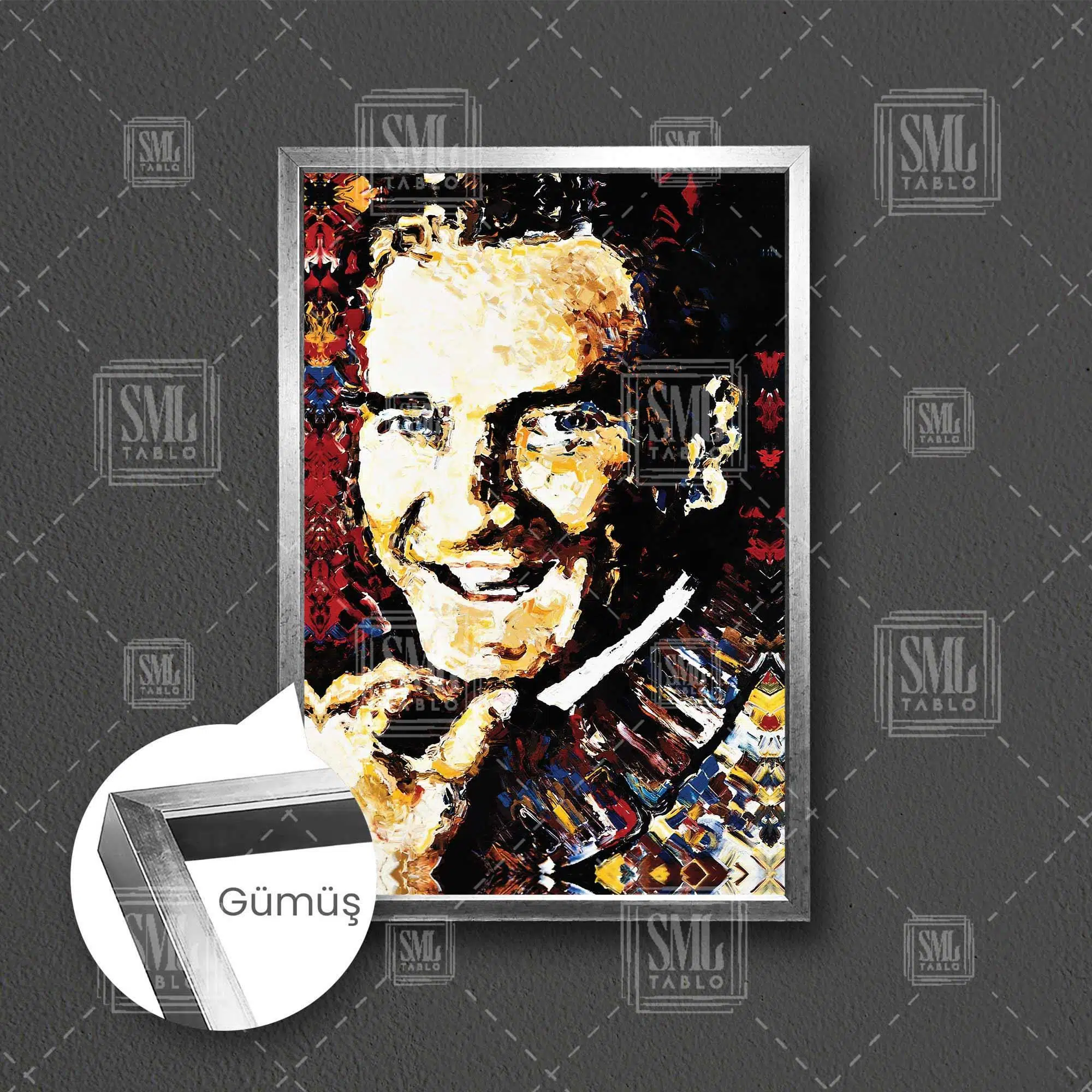 Atatürk Portresi Yağlı Boya Efektli Mustafa Kemal Çerçeveli Dikey Kanvas Tablo - Gümüş