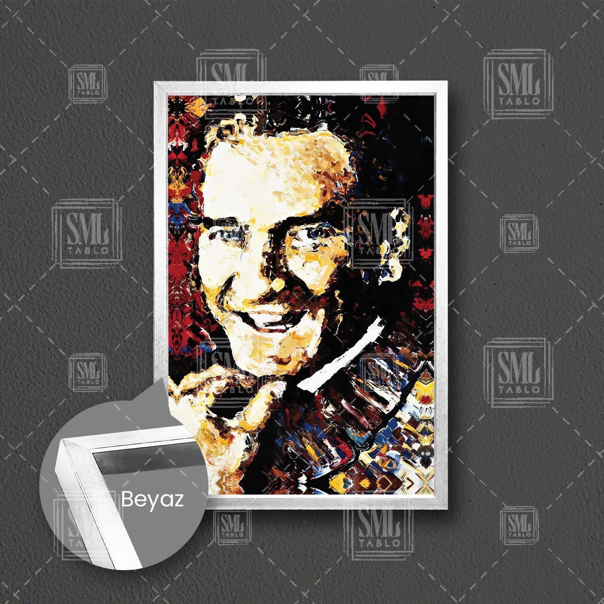 Atatürk Portresi Yağlı Boya Efektli Mustafa Kemal Çerçeveli Dikey Kanvas Tablo - Beyaz