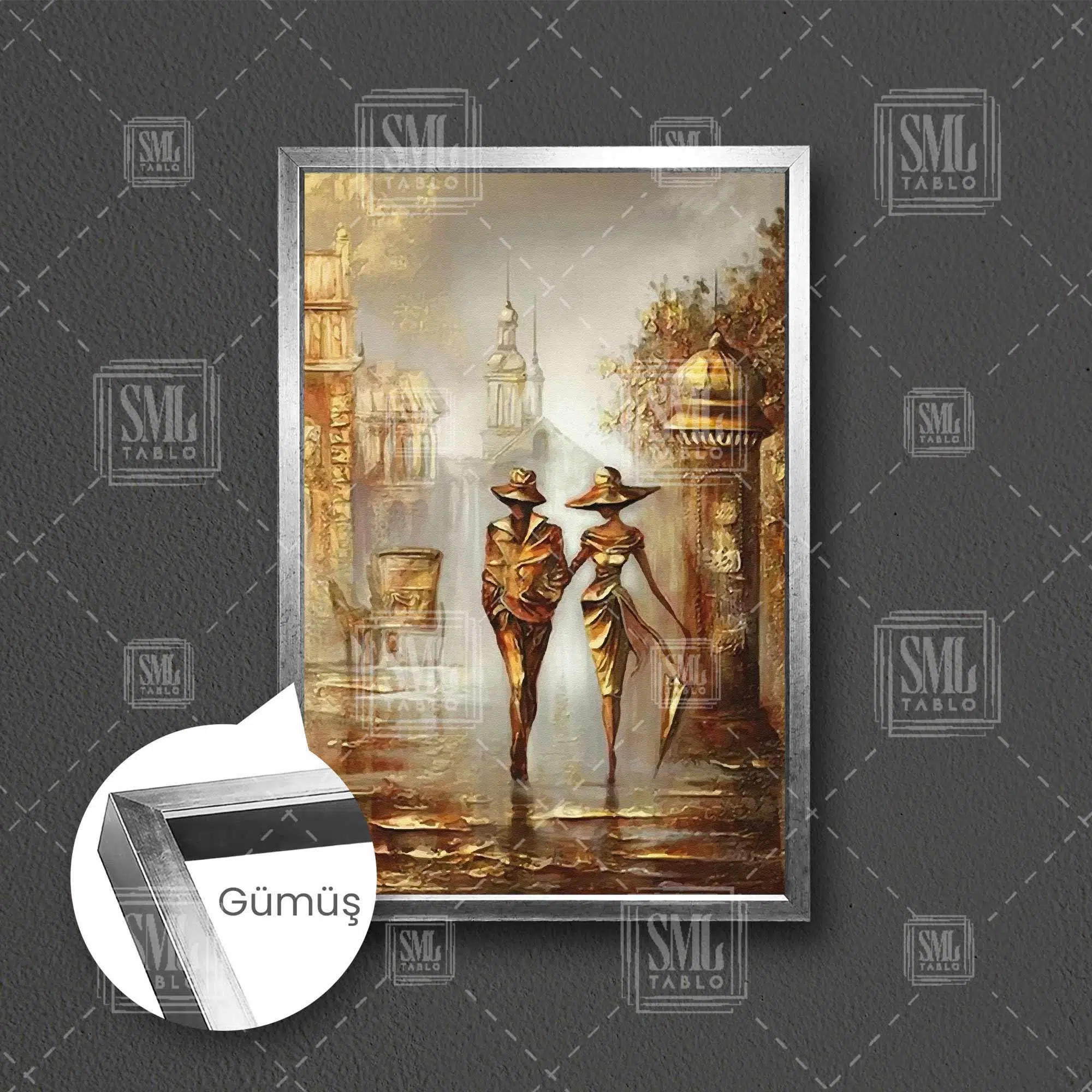 Sokakta Yürüyen Şemsiyeli Çift Bronz Nostalji Aşk Love Dekor Çerçeveli Dikey Kanvas Tablo - Gümüş
