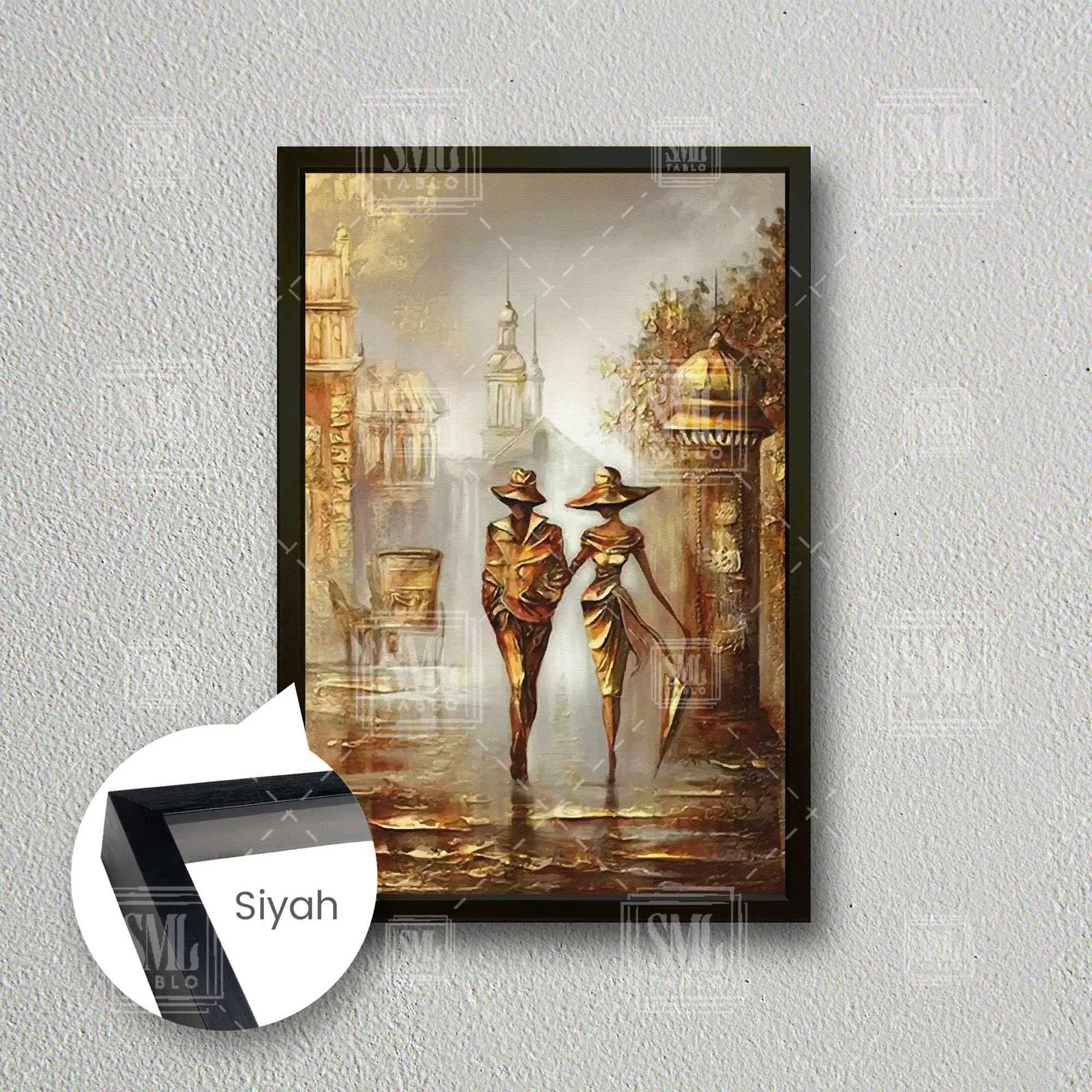 Sokakta Yürüyen Şemsiyeli Çift Bronz Nostalji Aşk Love Dekor Çerçeveli Dikey Kanvas Tablo - Siyah