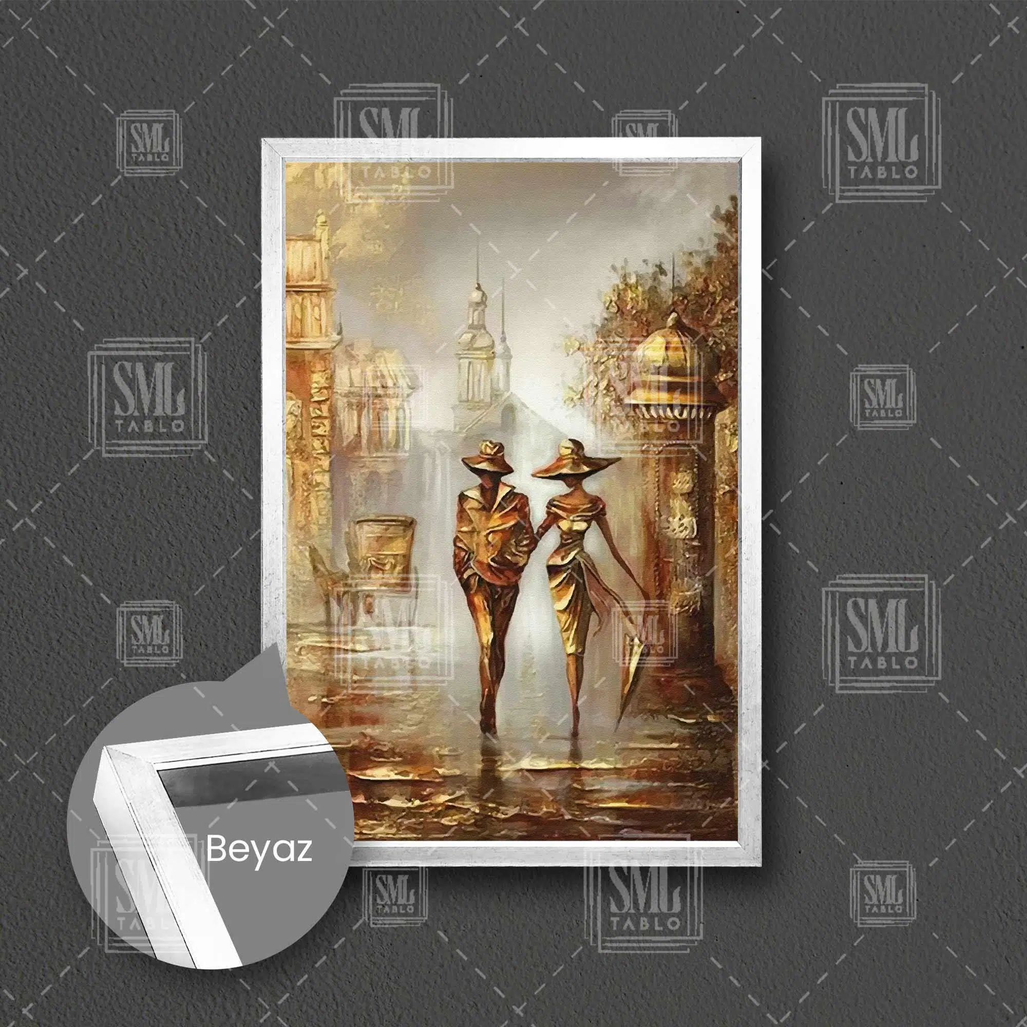 Sokakta Yürüyen Şemsiyeli Çift Bronz Nostalji Aşk Love Dekor Çerçeveli Dikey Kanvas Tablo - Beyaz