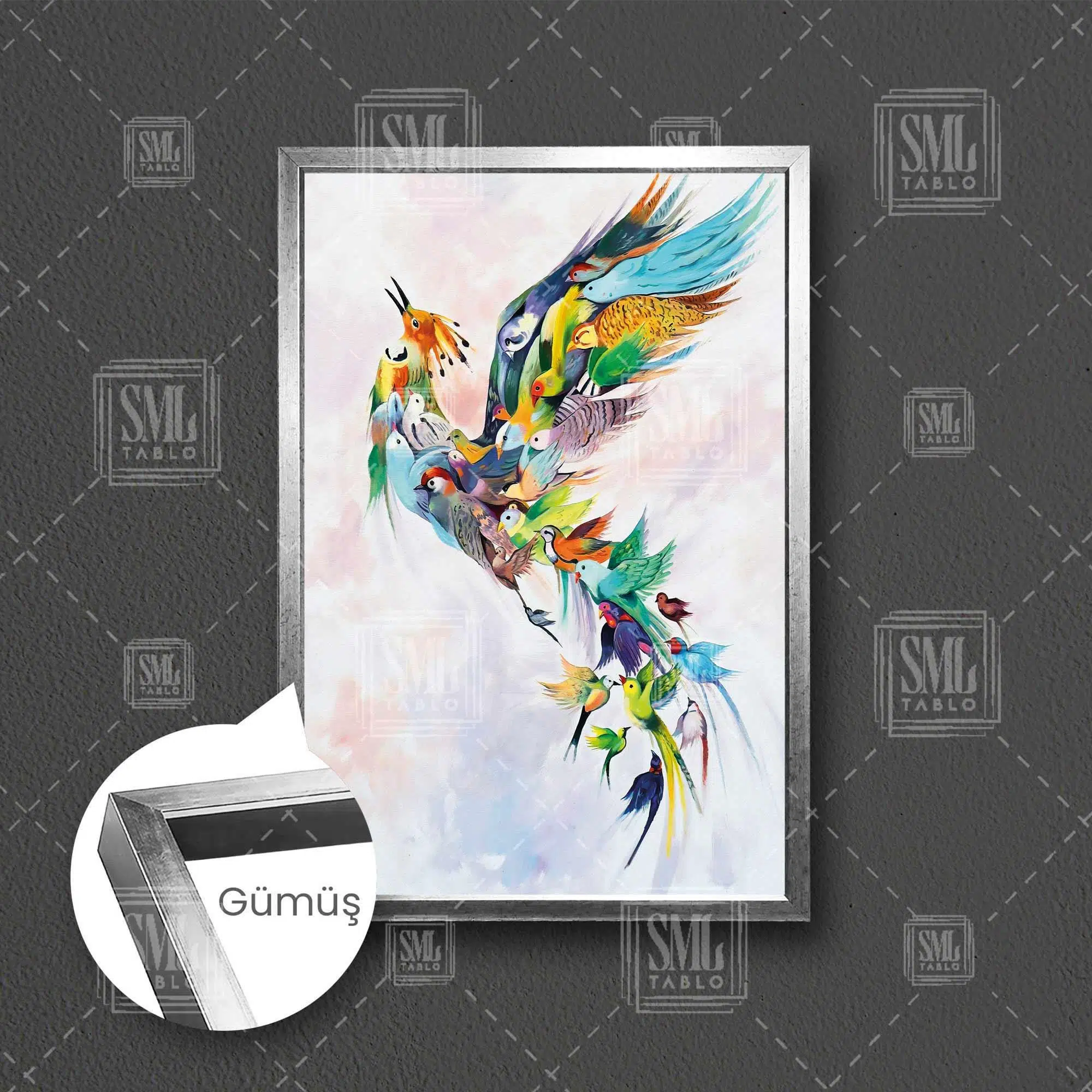 Simurg Kuşu Zümrüdü Anka Uçan Kuşlar Dekor Çerçeveli Dikey Kanvas Tablo - Gümüş