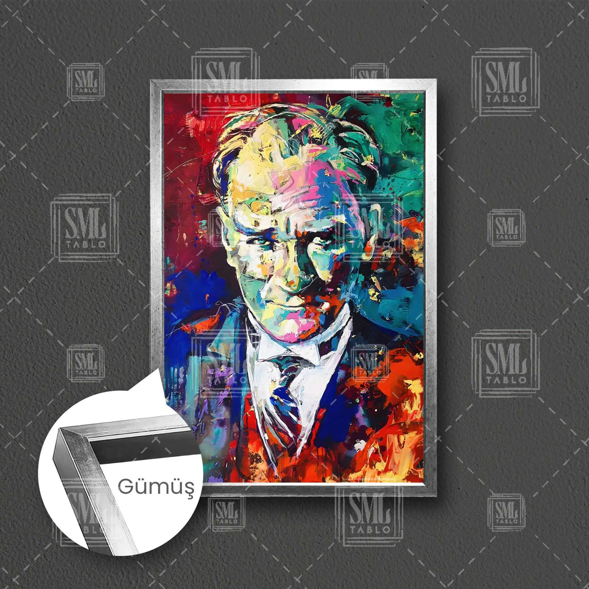 Mustafa Kemal Atatürk Karizma Portre Yağlı Boya Efektli Dekor Çerçeveli Dikey Kanvas Tablo - Gümüş