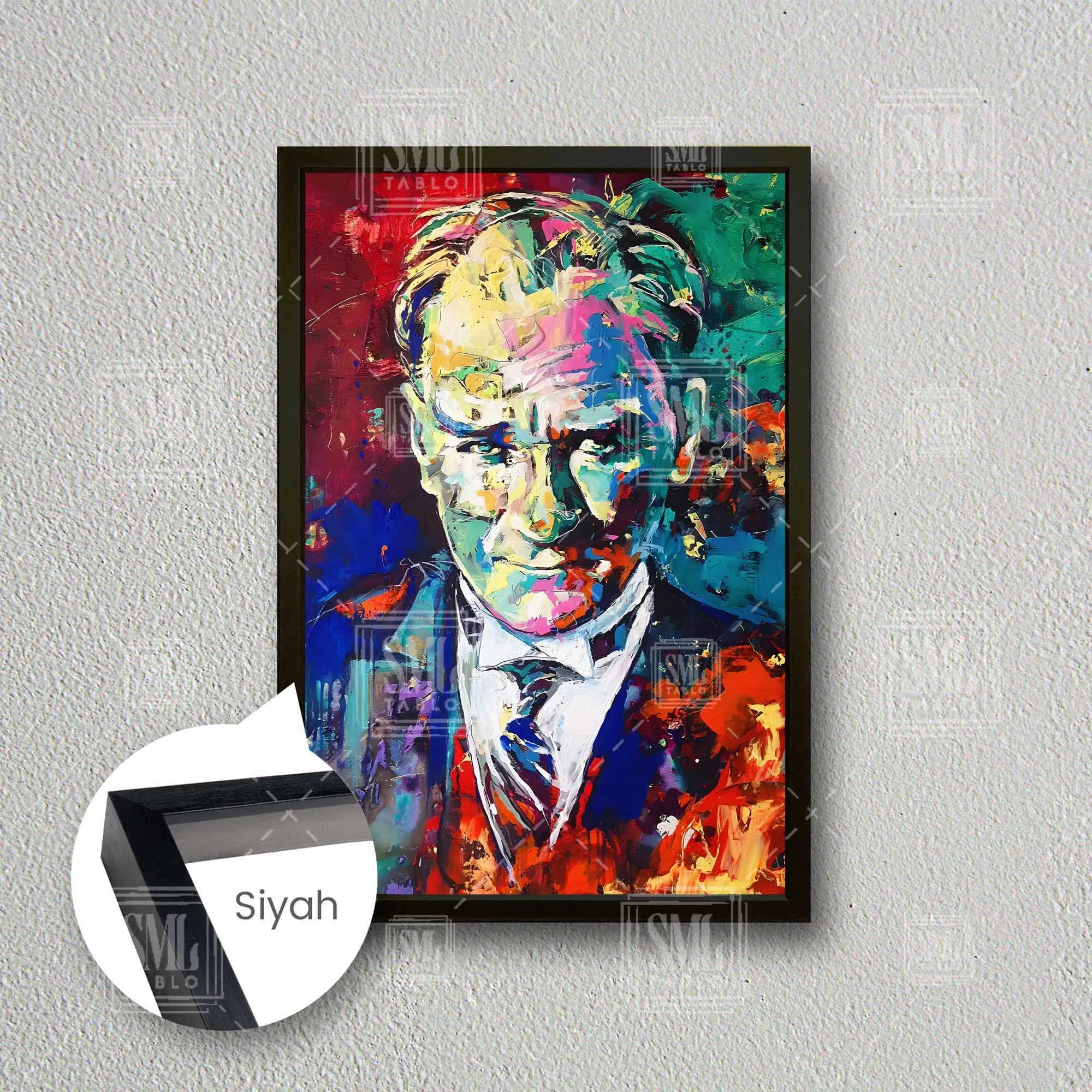 Mustafa Kemal Atatürk Karizma Portre Yağlı Boya Efektli Dekor Çerçeveli Dikey Kanvas Tablo - Siyah