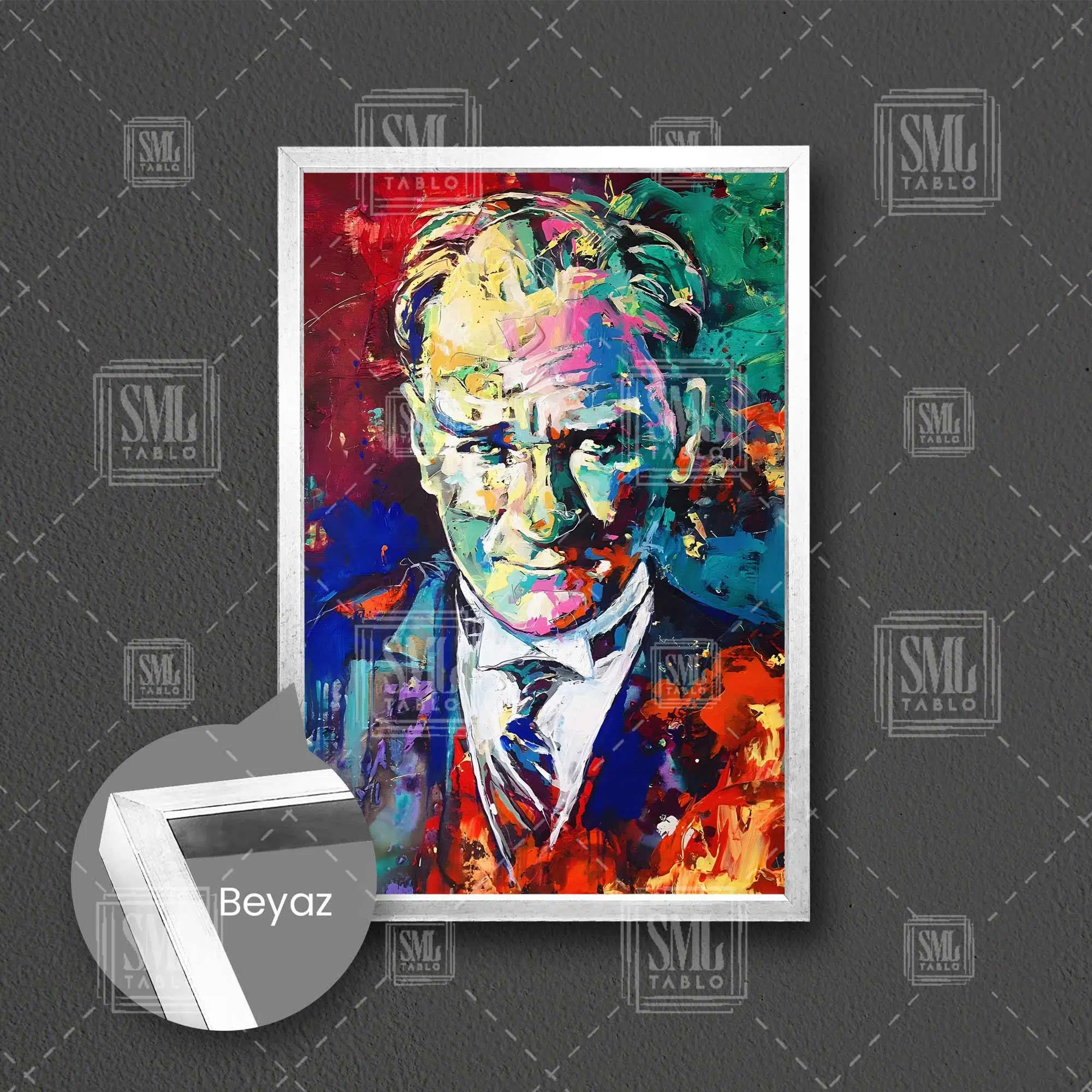 Mustafa Kemal Atatürk Karizma Portre Yağlı Boya Efektli Dekor Çerçeveli Dikey Kanvas Tablo - Beyaz