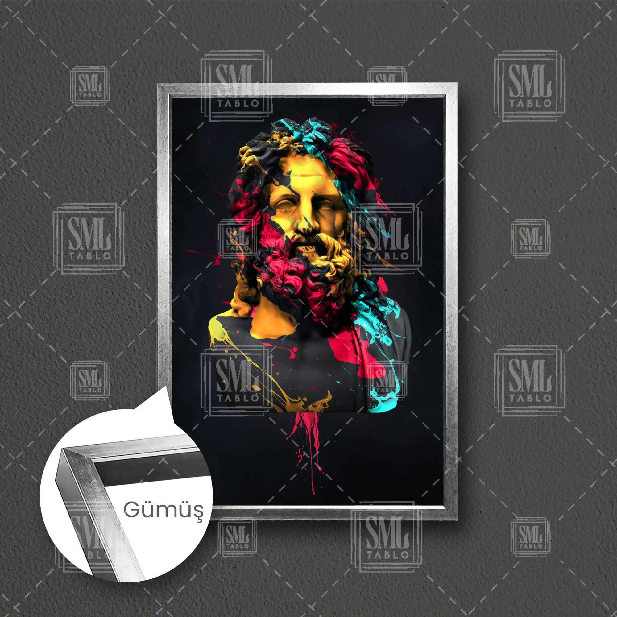 Zeus Heykeli Art Yunan Mitolojisi Dekoratif Modern Çerçeveli Dikey Kanvas Tablo - Gümüş