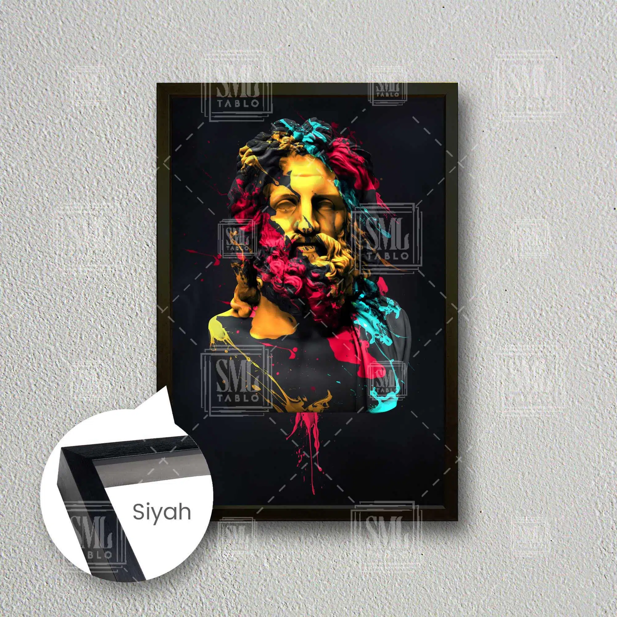 Zeus Heykeli Art Yunan Mitolojisi Dekoratif Modern Çerçeveli Dikey Kanvas Tablo - Siyah