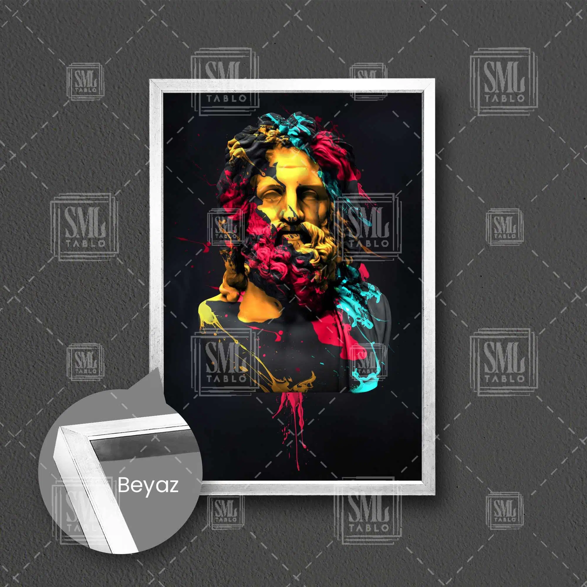 Zeus Heykeli Art Yunan Mitolojisi Dekoratif Modern Çerçeveli Dikey Kanvas Tablo - Beyaz