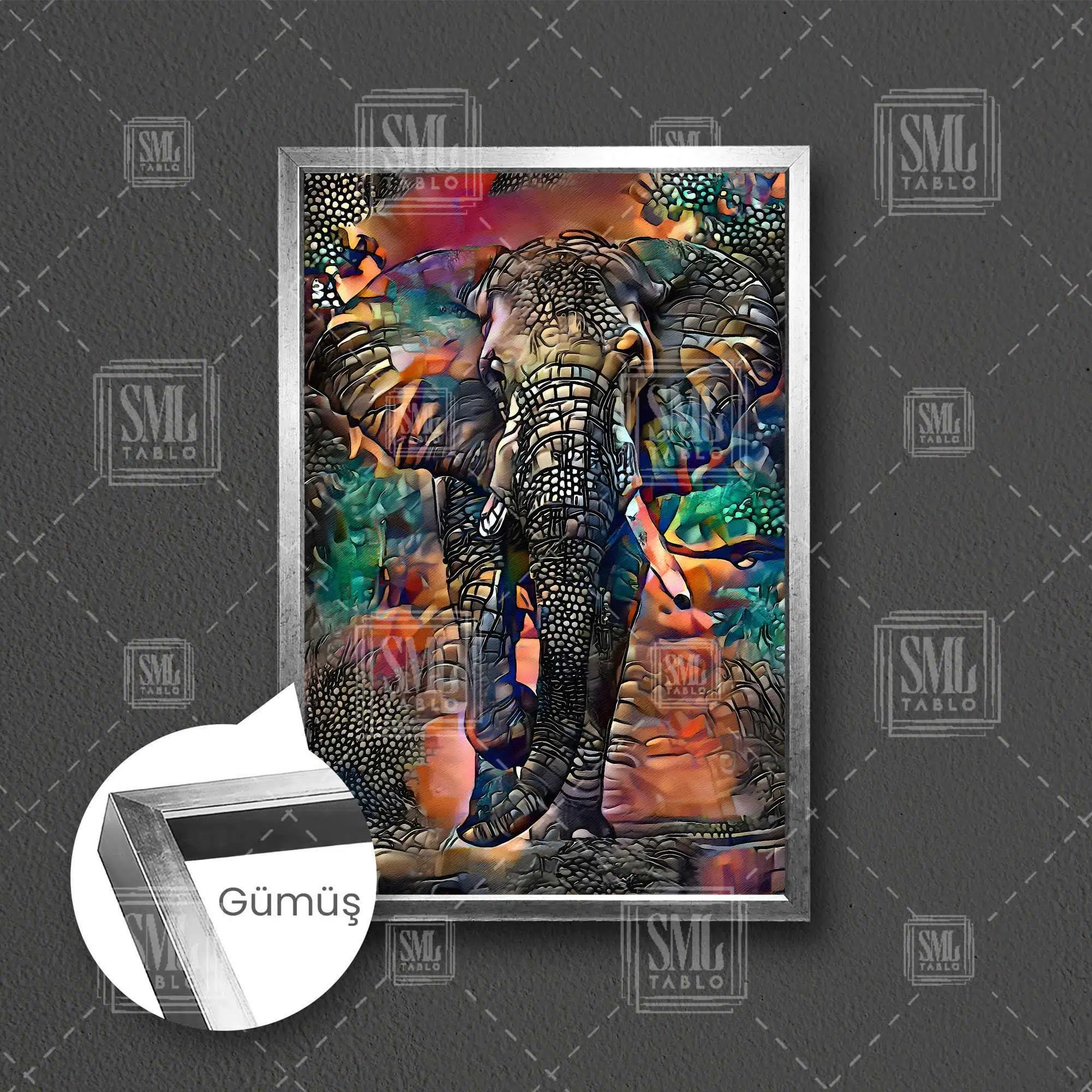 Fil Art Hayvan Afrika Ormanları Çerçeveli Dikey Kanvas Tablo - Gümüş