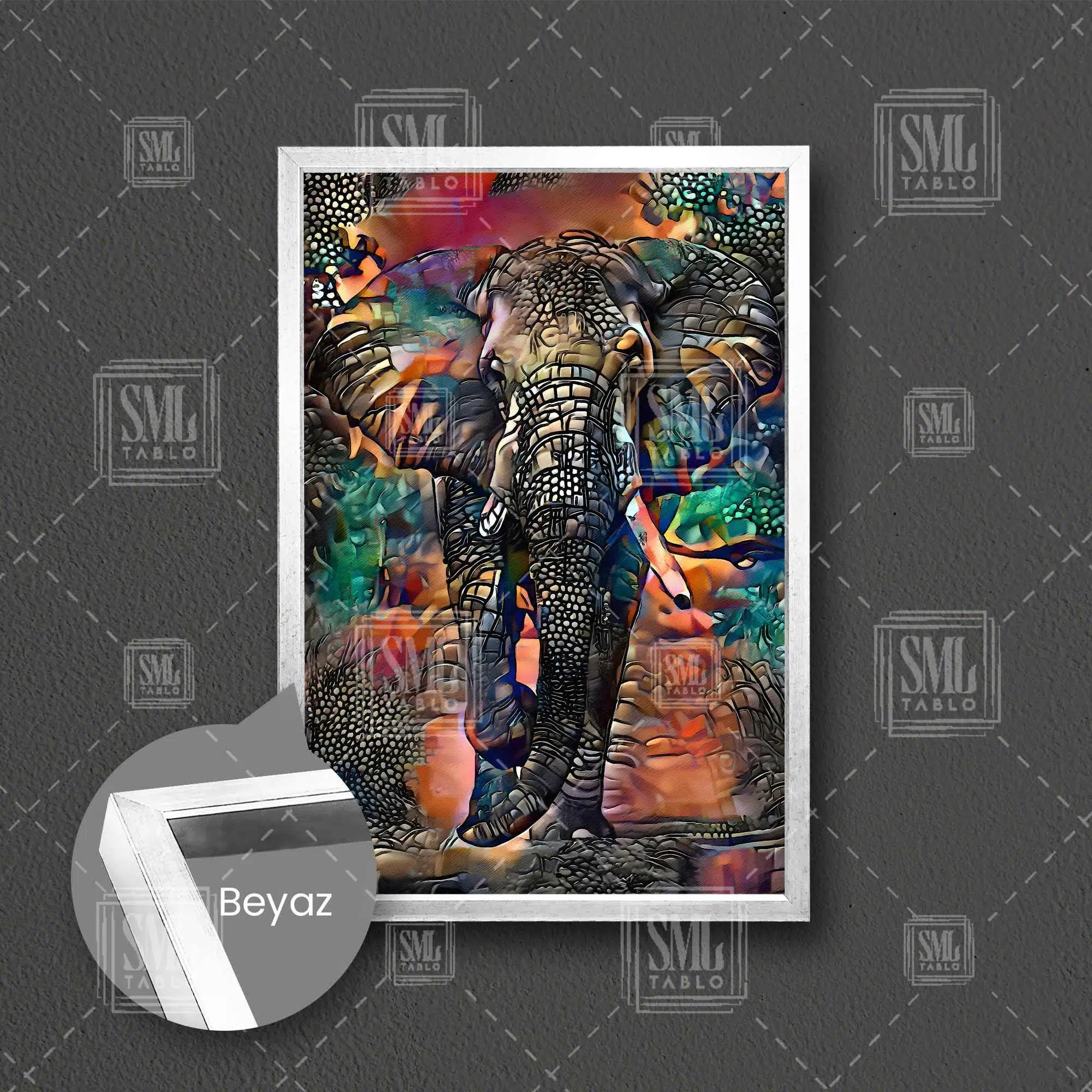 Fil Art Hayvan Afrika Ormanları Çerçeveli Dikey Kanvas Tablo - Beyaz