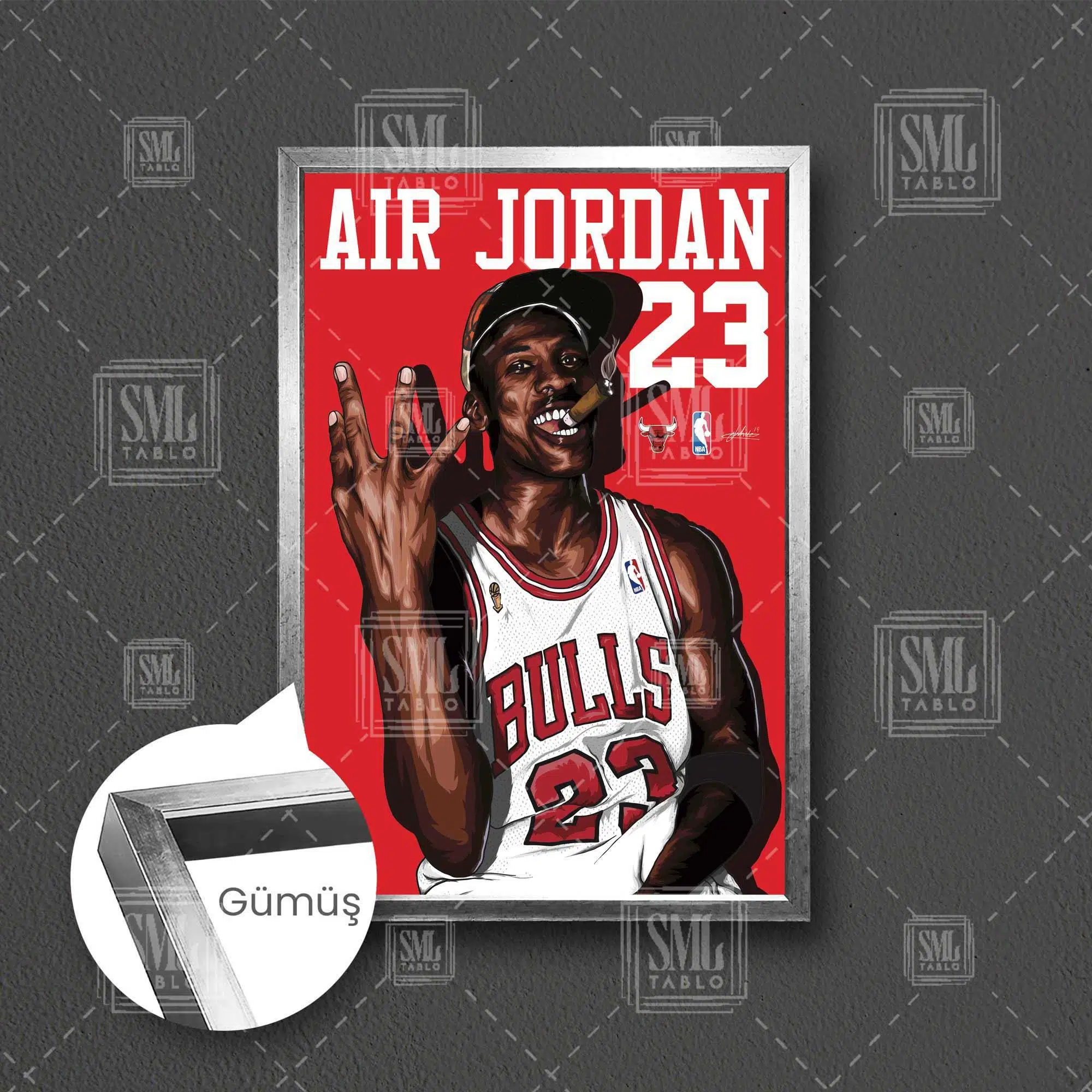 Michael Jordan Art Chicago Bulls Basketbol Çerçeveli Dikey Kanvas Tablo - Gümüş