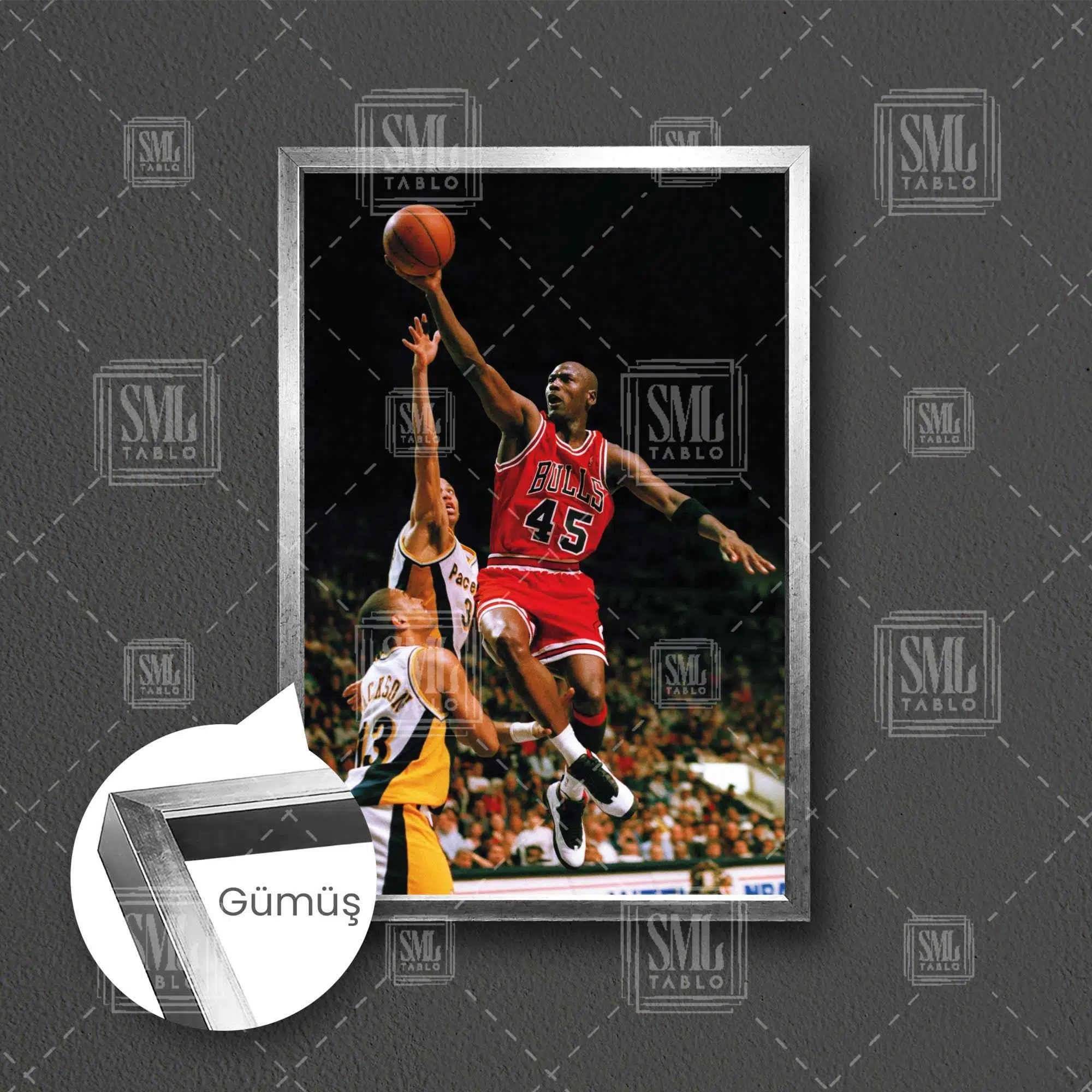 Michael Jordan Art Chicago Bulls Basketbol Nba Kırmızı Forma Çerçeveli Dikey Kanvas Tablo - Gümüş