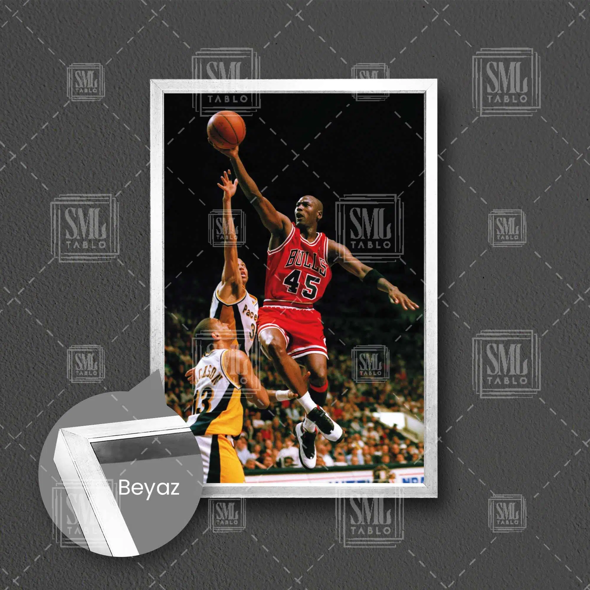 Michael Jordan Art Chicago Bulls Basketbol Nba Kırmızı Forma Çerçeveli Dikey Kanvas Tablo - Beyaz