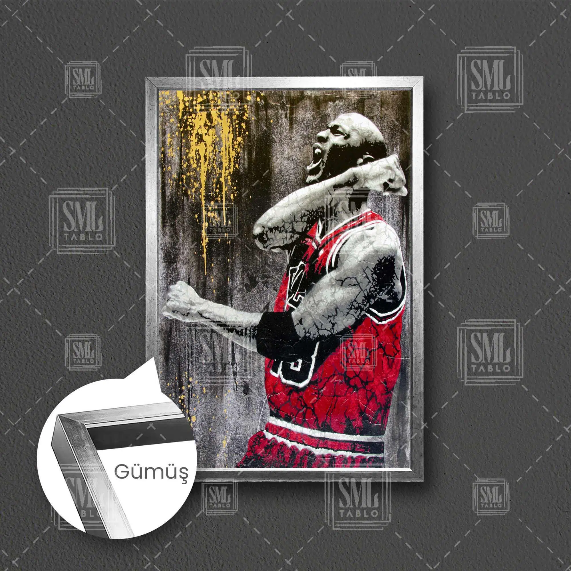 Michael Jordan Art Chicago Bulls Basketbol Kırmızı Forma Nba Çerçeveli Dikey Kanvas Tablo - Gümüş