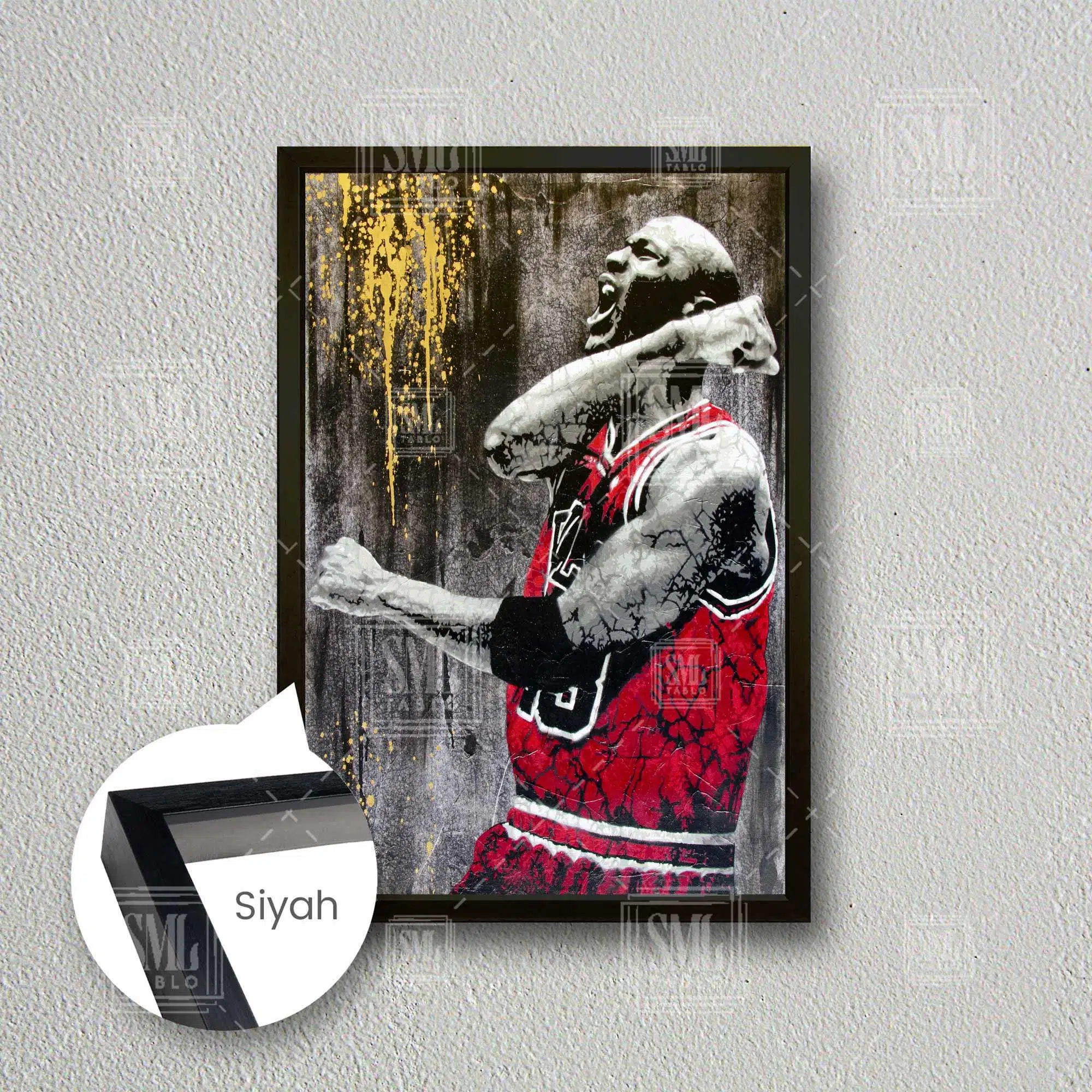 Michael Jordan Art Chicago Bulls Basketbol Kırmızı Forma Nba Çerçeveli Dikey Kanvas Tablo - Siyah