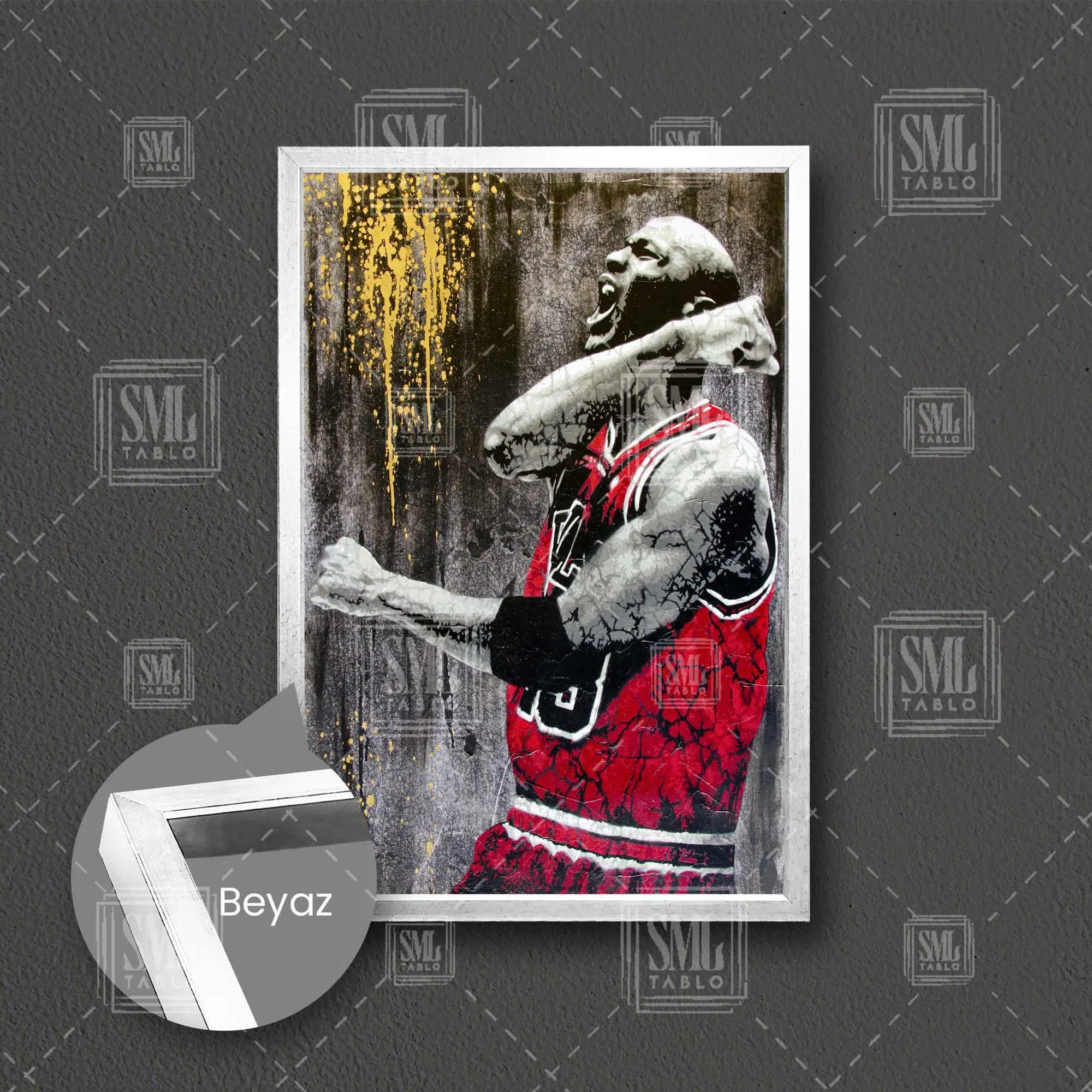 Michael Jordan Art Chicago Bulls Basketbol Kırmızı Forma Nba Çerçeveli Dikey Kanvas Tablo - Beyaz