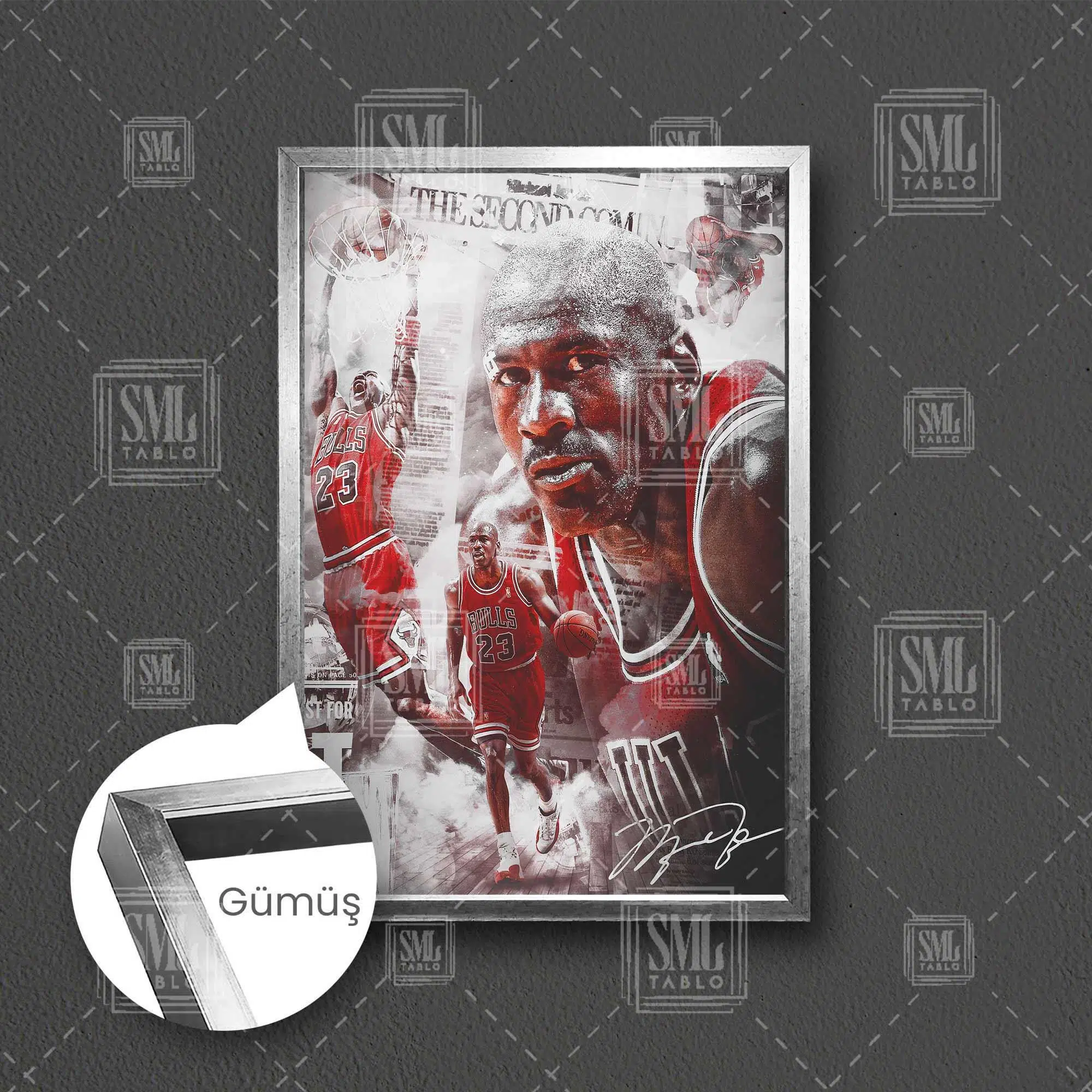 Michael Jordan Art Chicago Bulls Basketbol Eskitme Kırmızı Forma Çerçeveli Dikey Kanvas Tablo - Gümüş