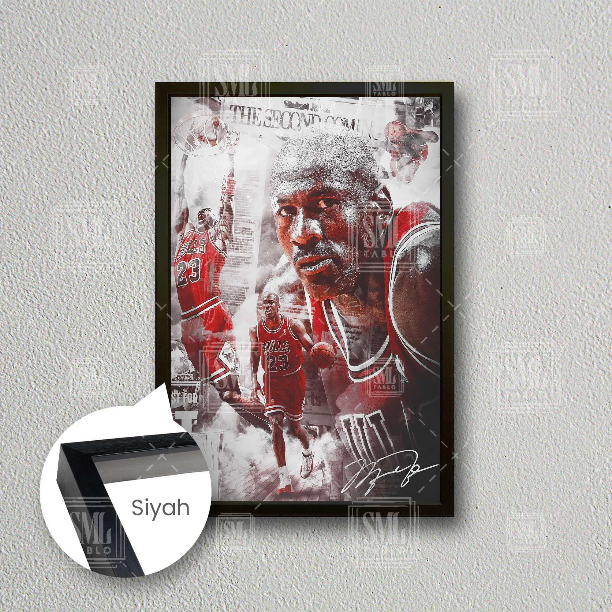 Michael Jordan Art Chicago Bulls Basketbol Eskitme Kırmızı Forma Çerçeveli Dikey Kanvas Tablo - Siyah
