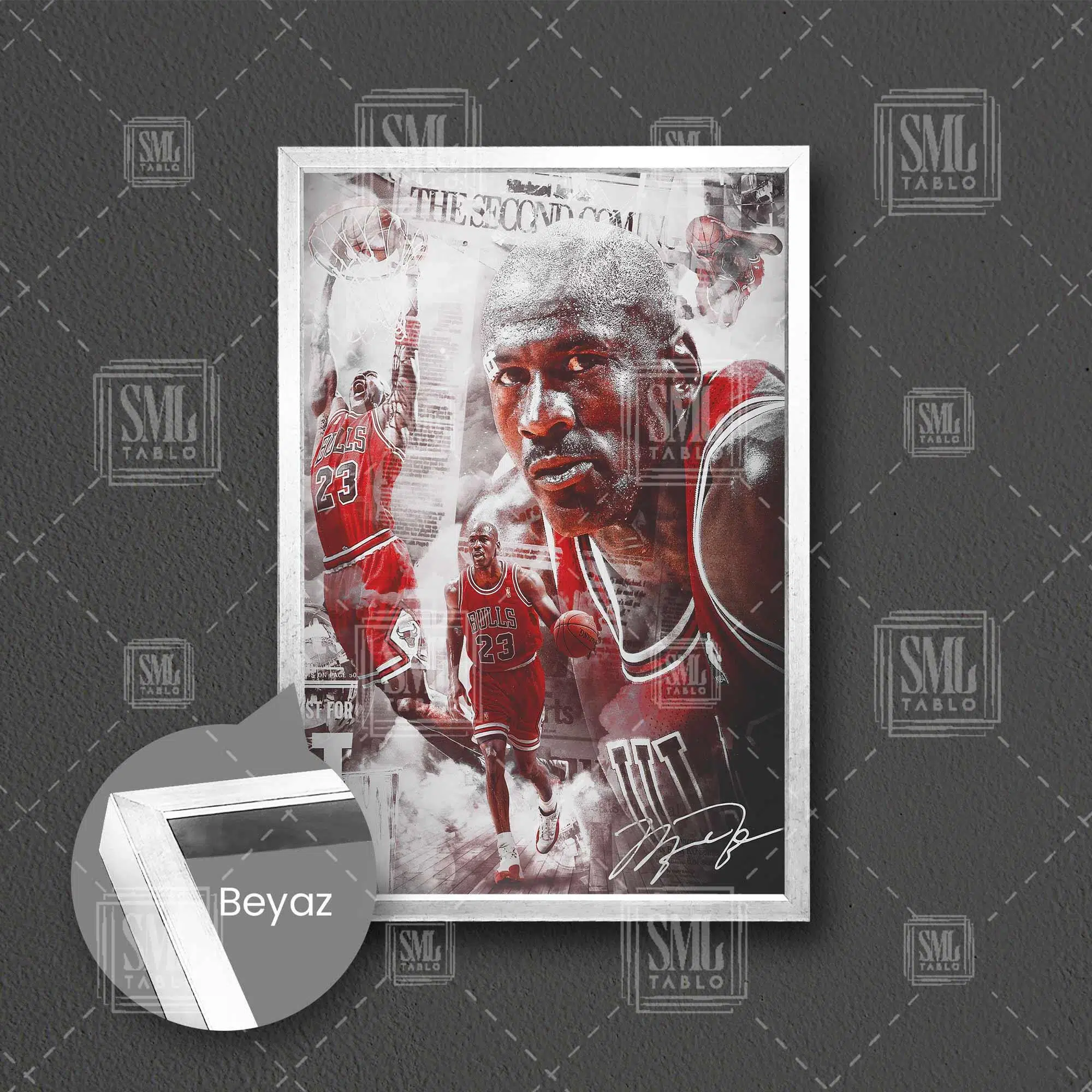 Michael Jordan Art Chicago Bulls Basketbol Eskitme Kırmızı Forma Çerçeveli Dikey Kanvas Tablo - Beyaz