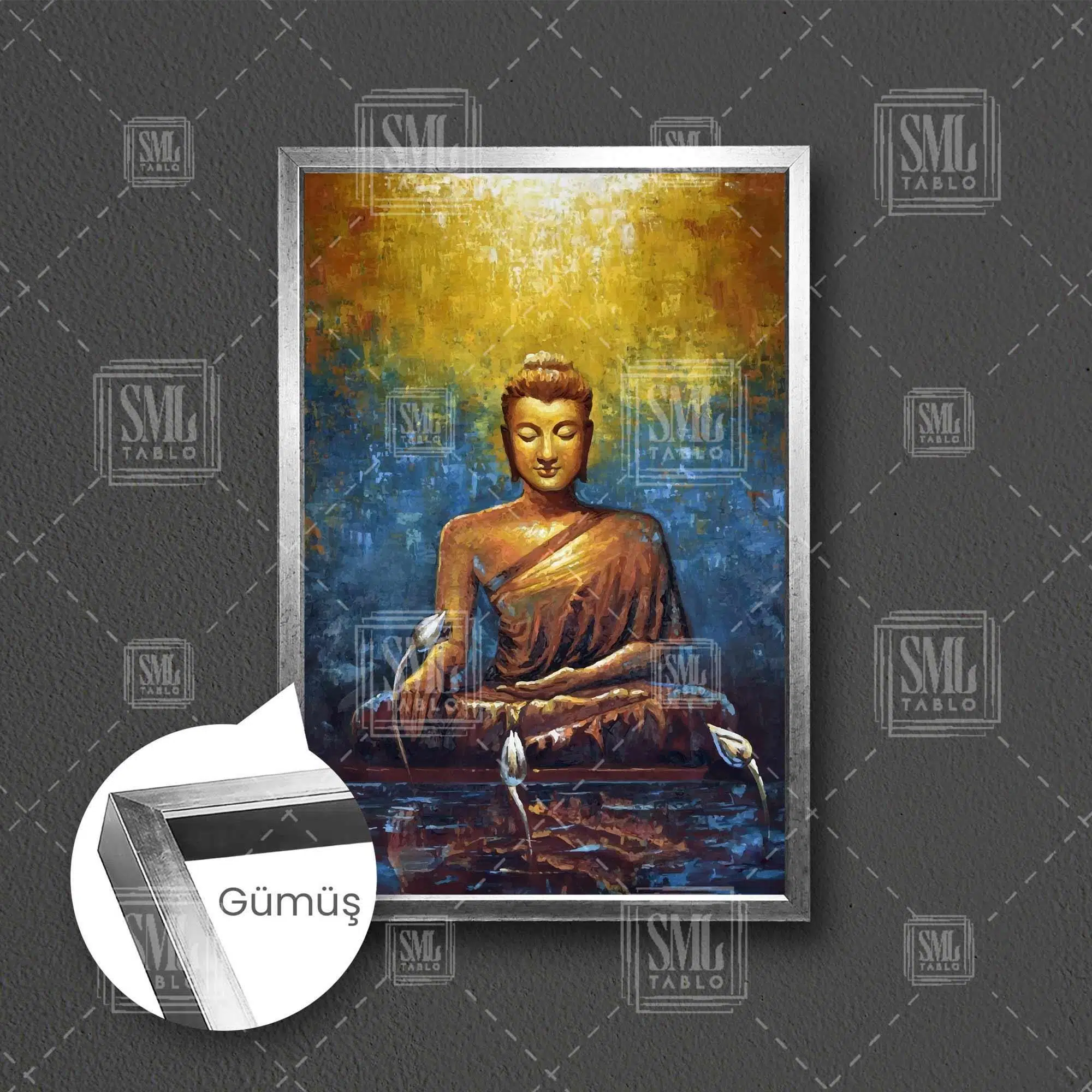 Meditasyon Yoga Buda Dekoratif Soyut Modern Sanat Çerçeveli Dikey Kanvas Tablo - Gümüş