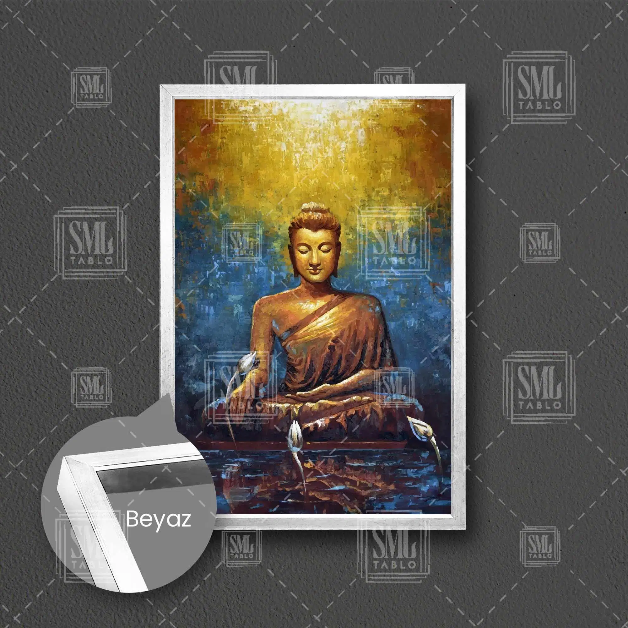 Meditasyon Yoga Buda Dekoratif Soyut Modern Sanat Çerçeveli Dikey Kanvas Tablo - Beyaz