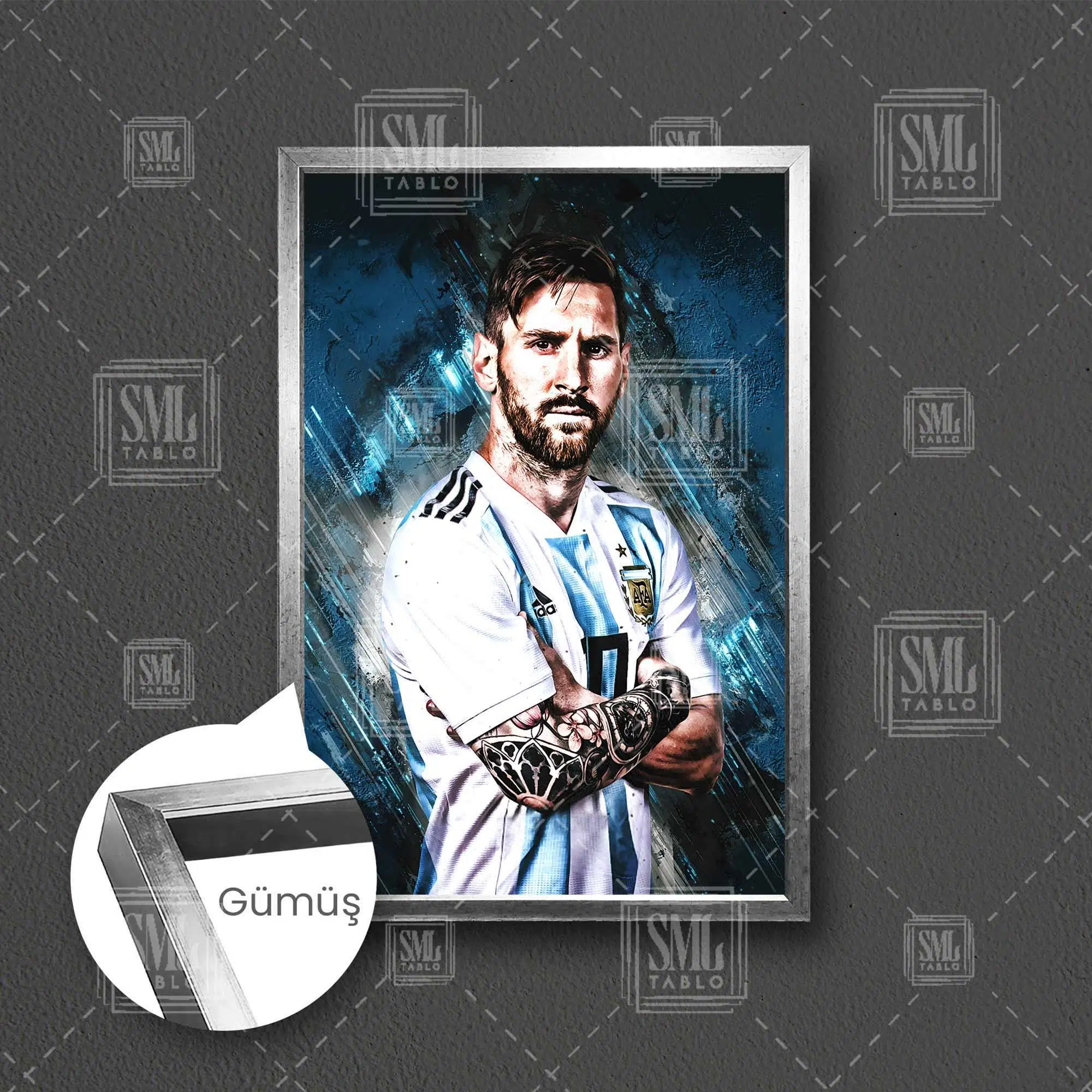 Lionel Messi Arjantin Futbol Art Çerçeveli Dikey Kanvas Tablo - Gümüş