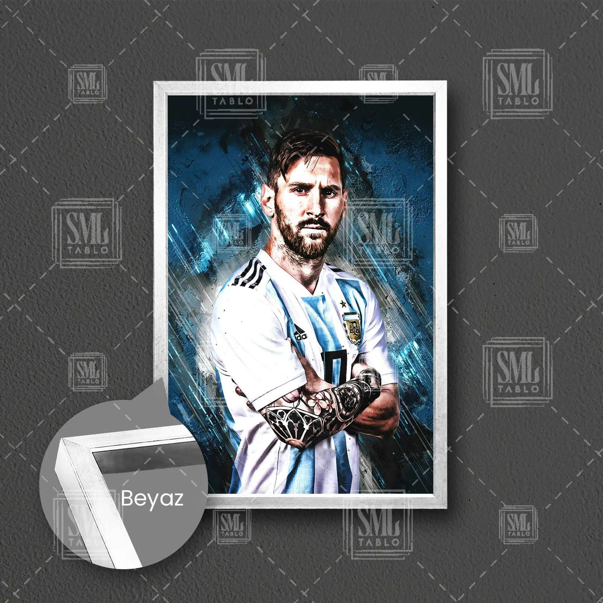 Lionel Messi Arjantin Futbol Art Çerçeveli Dikey Kanvas Tablo - Beyaz