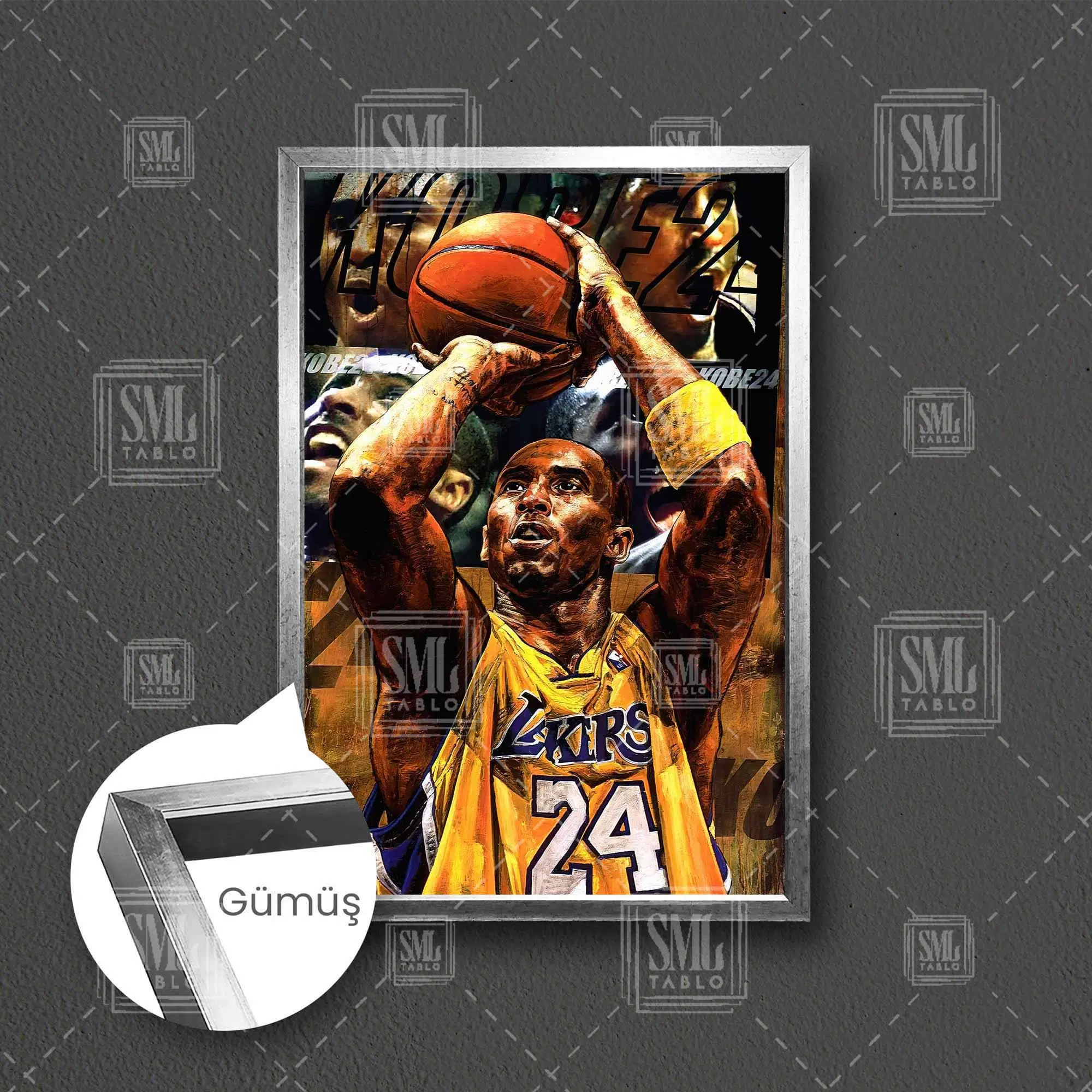 Kobe Bryant Black Mamba Lakers Taraftar Basketbol Nba Çerçeveli Dikey Kanvas Tablo - Gümüş