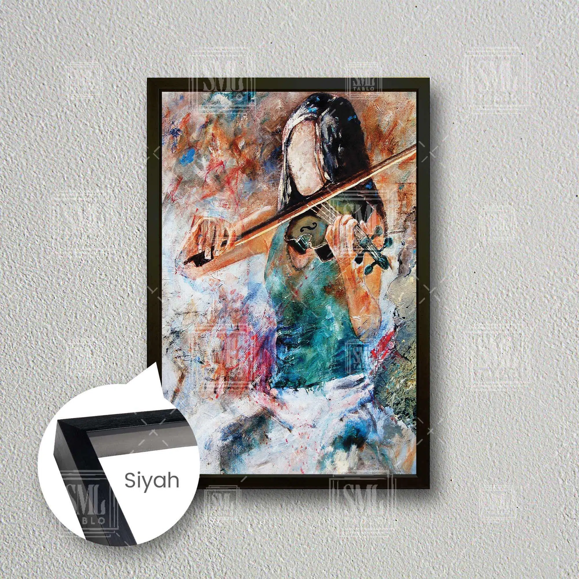 Keman Çalan Müzisyen Soyut Sanat Sokak Sanatı Dekor Çerçeveli Dikey Kanvas Tablo - Siyah