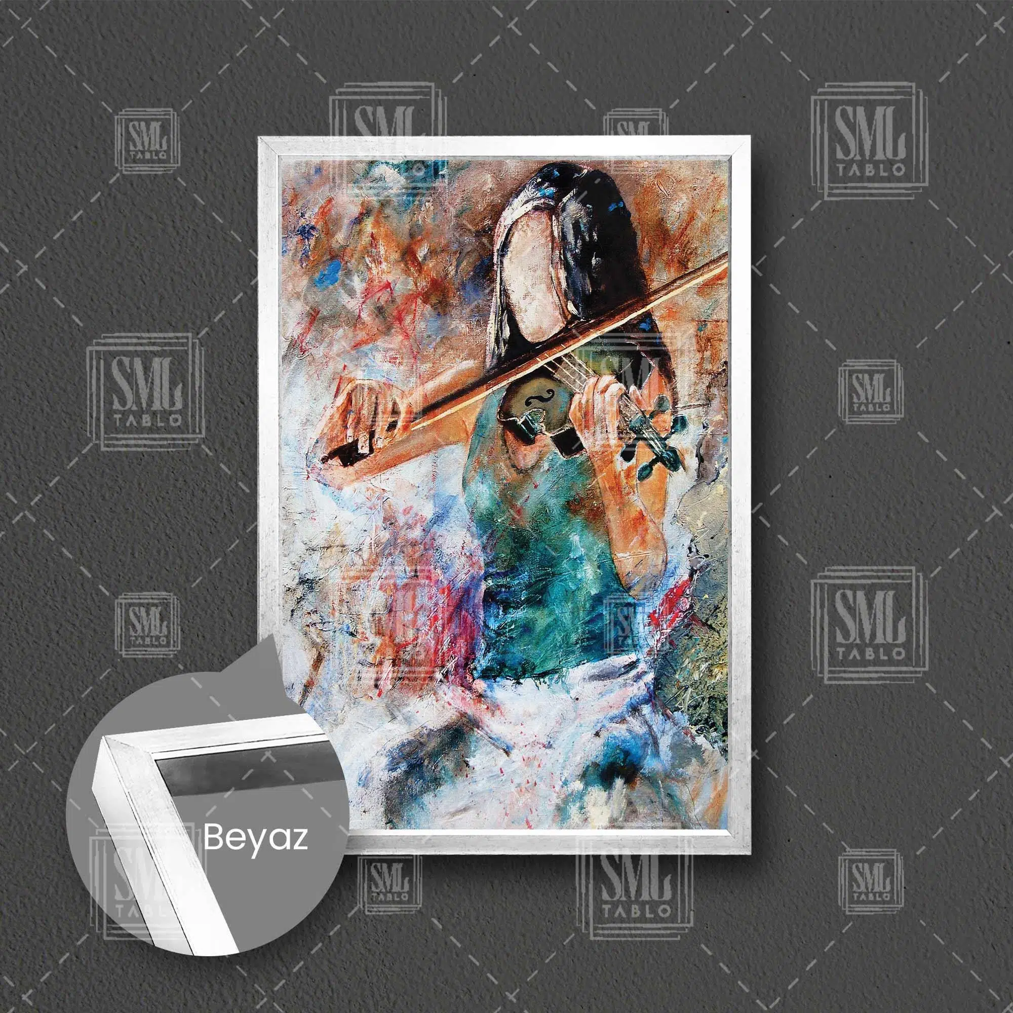 Keman Çalan Müzisyen Soyut Sanat Sokak Sanatı Dekor Çerçeveli Dikey Kanvas Tablo - Beyaz